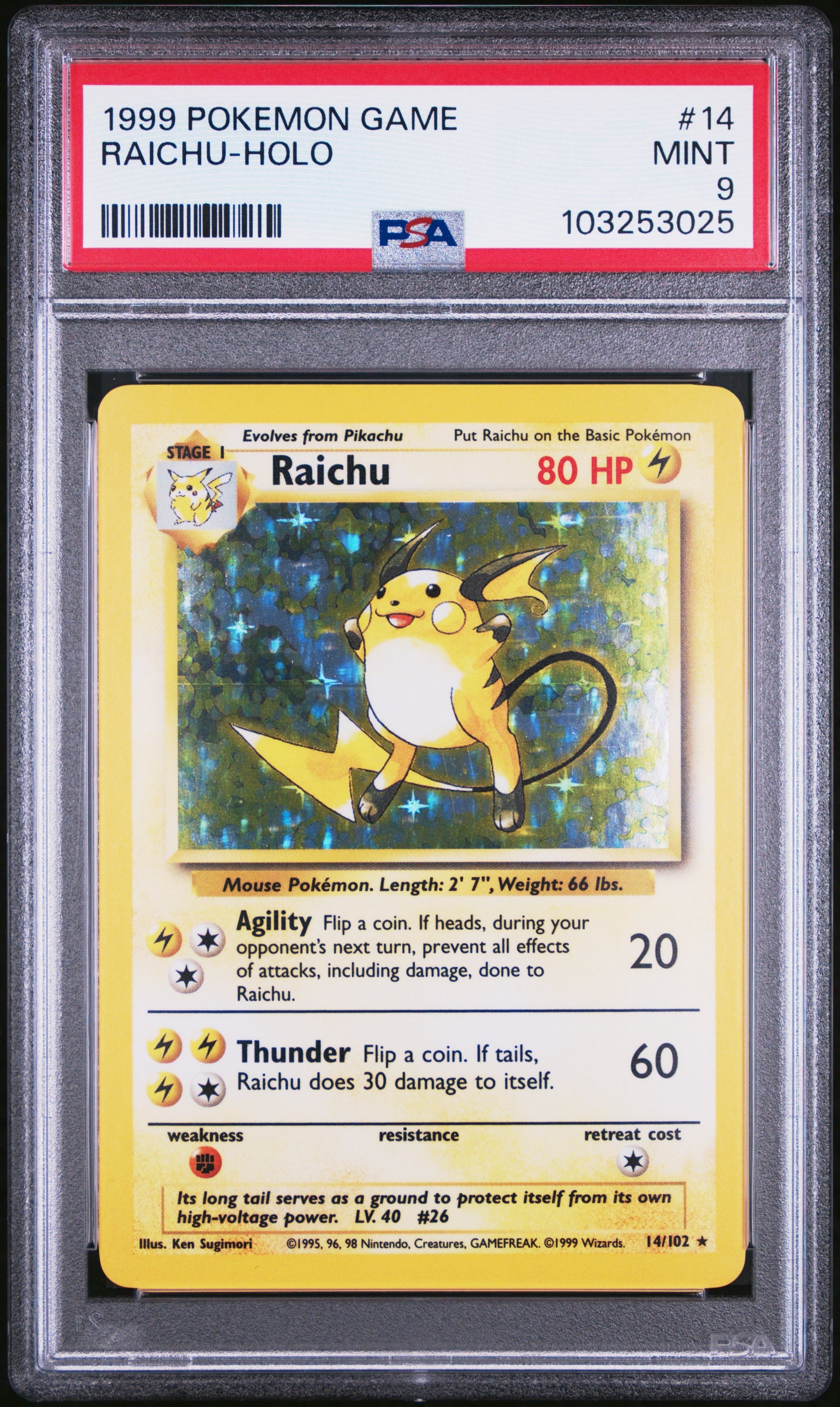 RAICHU-HOLO 14/102 Unlimited POKEMON GAME PSA9 MINT 9 PSA population 2577 <a href=https://www.psacard.com/cert/103253025/psa>https://www.psacard.com/cert/103253025/psa</a>