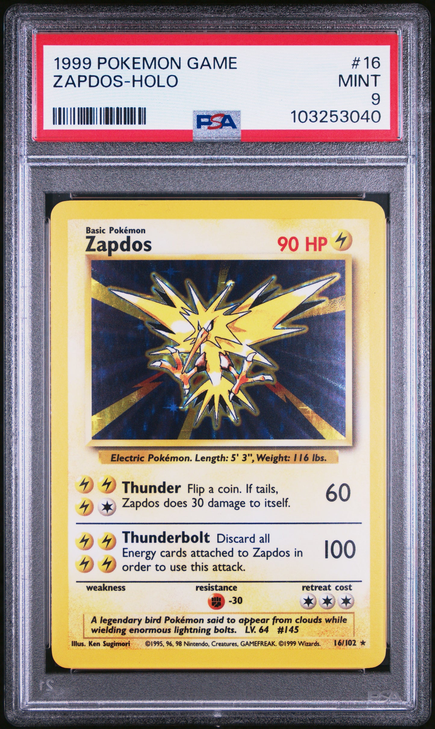 ZAPDOS-HOLO 16/102 Unlimited POKEMON GAME PSA9 MINT 9 PSA population 3980 <a href=https://www.psacard.com/cert/103253040/psa>https://www.psacard.com/cert/103253040/psa</a>
