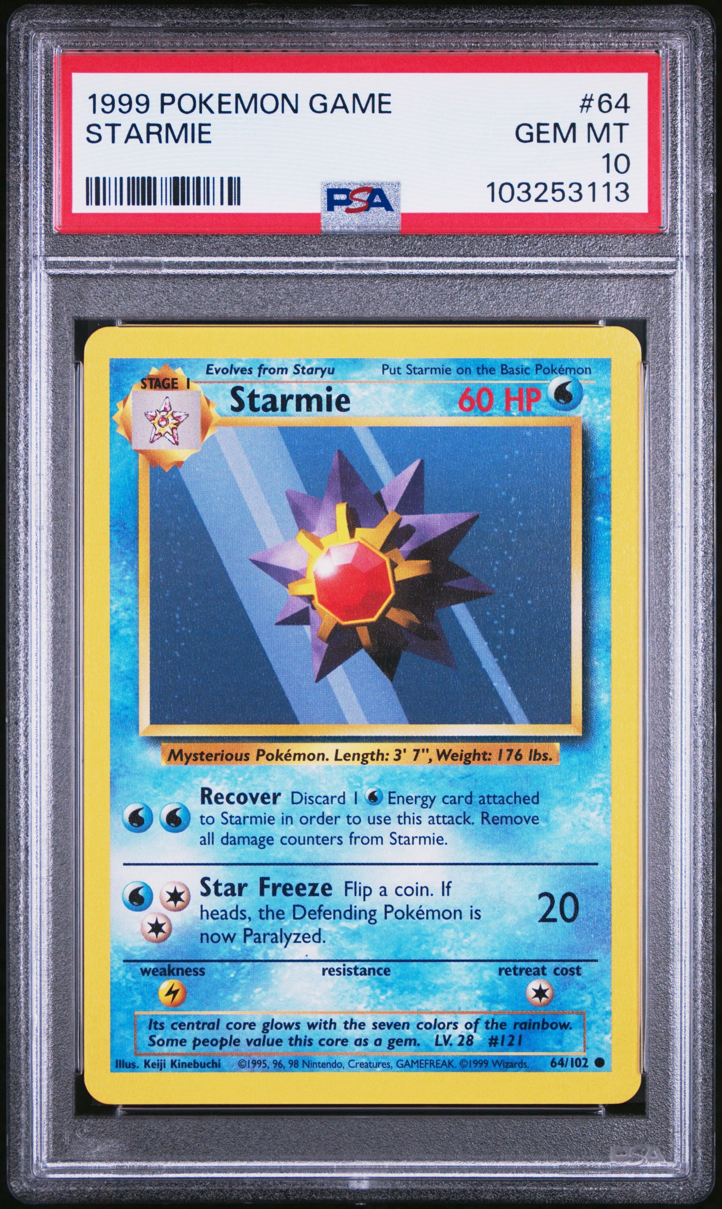 STARMIE 64/102 Unlimited POKEMON GAME PSA10 GEM MT 10 PSA population 389 <a href=https://www.psacard.com/cert/103253113/psa>https://www.psacard.com/cert/103253113/psa</a>
