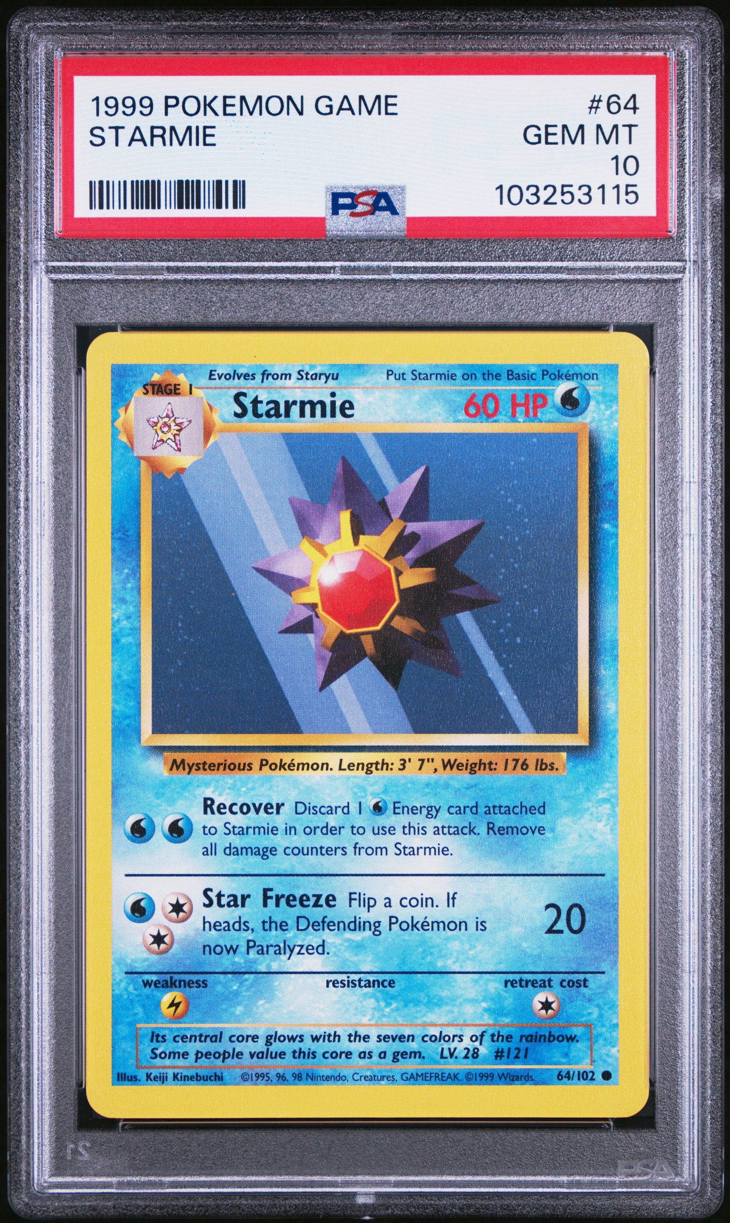 STARMIE 64/102 Unlimited POKEMON GAME PSA10 GEM MT 10 PSA population 389 <a href=https://www.psacard.com/cert/103253115/psa>https://www.psacard.com/cert/103253115/psa</a>