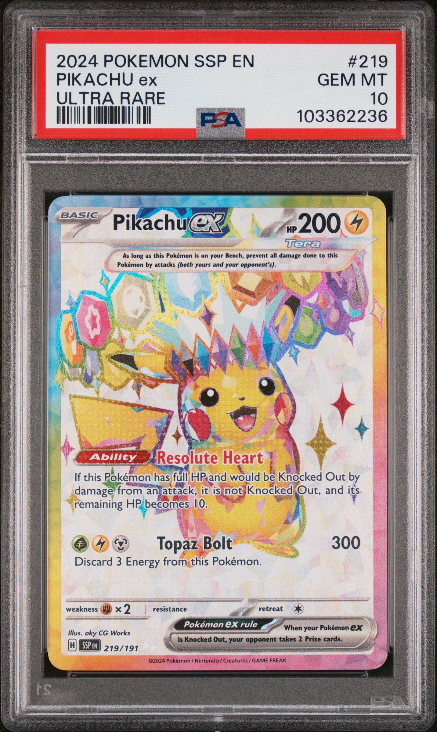 PIKACHU EX 219/191 Common POKEMON SSP EN-SURGING SPARKS ULTRA RARE PSA10 GEM MT 10 PSA population 6343 <a href=https://www.psacard.com/cert/103362236/psa>https://www.psacard.com/cert/103362236/psa</a>