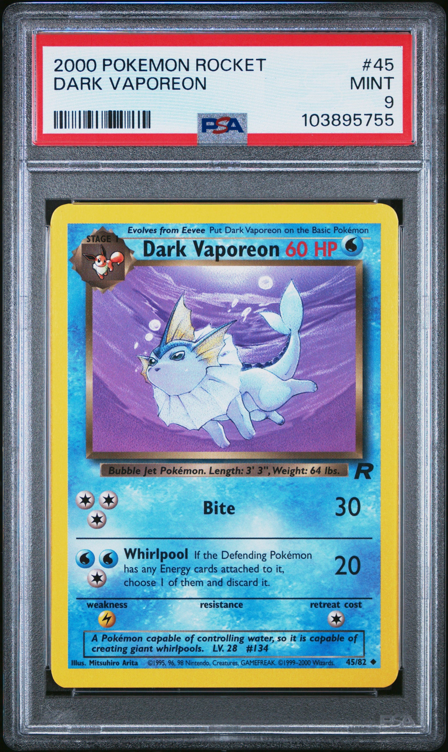 DARK VAPOREON 45/82 Common POKEMON ROCKET PSA9 MINT 9 PSA population 270 <a href=https://www.psacard.com/cert/103895755/psa>https://www.psacard.com/cert/103895755/psa</a>
