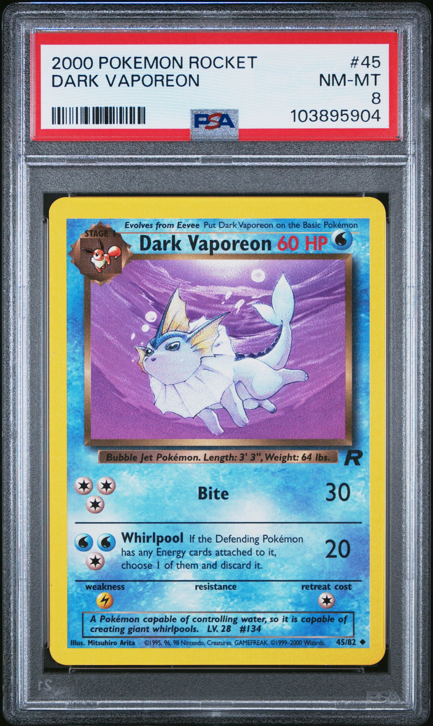 DARK VAPOREON 45/82 Common POKEMON ROCKET PSA8 NM-MT 8 PSA population 257 <a href=https://www.psacard.com/cert/103895904/psa>https://www.psacard.com/cert/103895904/psa</a>