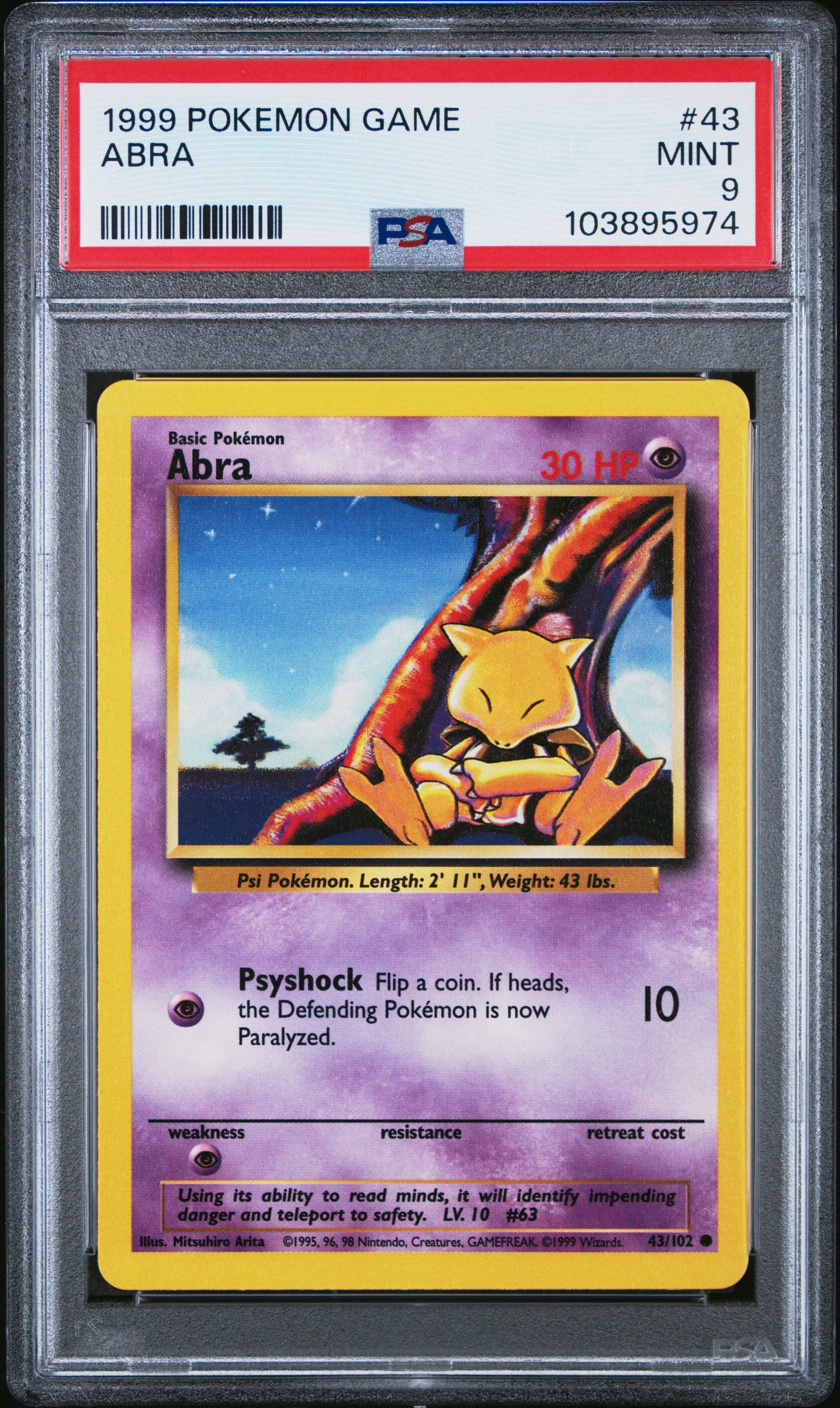ABRA 43/102 Unlimited POKEMON GAME PSA9 MINT 9 PSA population 984 <a href=https://www.psacard.com/cert/103895974/psa>https://www.psacard.com/cert/103895974/psa</a>