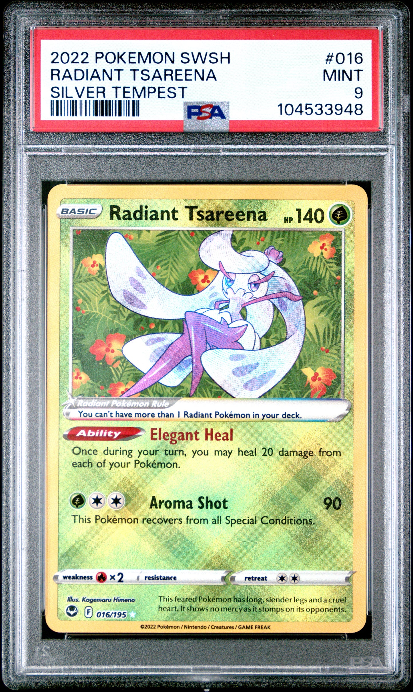 RADIANT TSAREENA 16/195 Common POKEMON SWORD & SHIELD SILVER TEMPEST SILVER TEMPEST PSA9 MINT 9 PSA population 341 <a href=https://www.psacard.com/cert/104533948/psa>https://www.psacard.com/cert/104533948/psa</a>