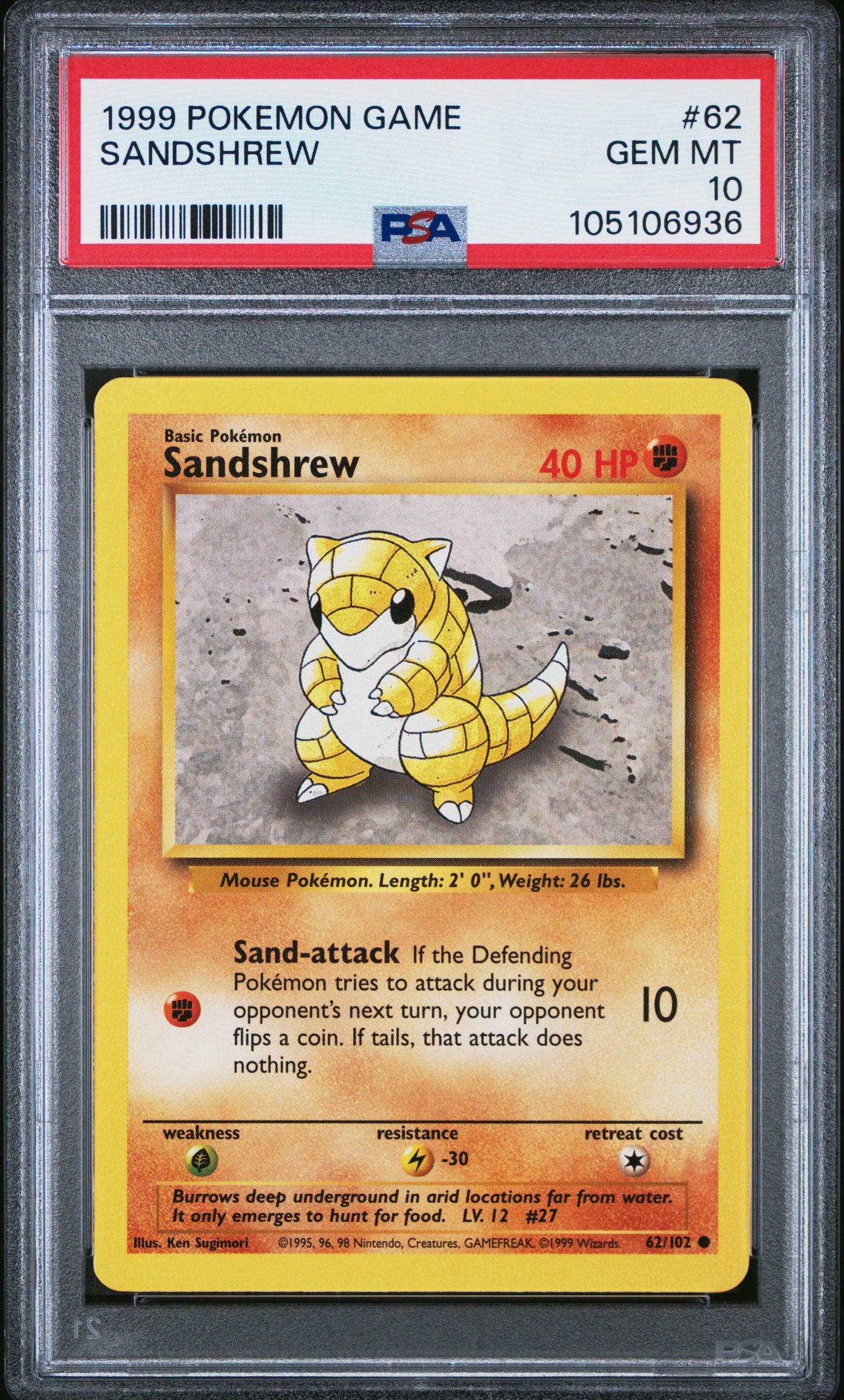 SANDSHREW 62/102 Unlimited POKEMON GAME PSA10 GEM MT 10 PSA population 370 <a href=https://www.psacard.com/cert/105106936/psa>https://www.psacard.com/cert/105106936/psa</a>