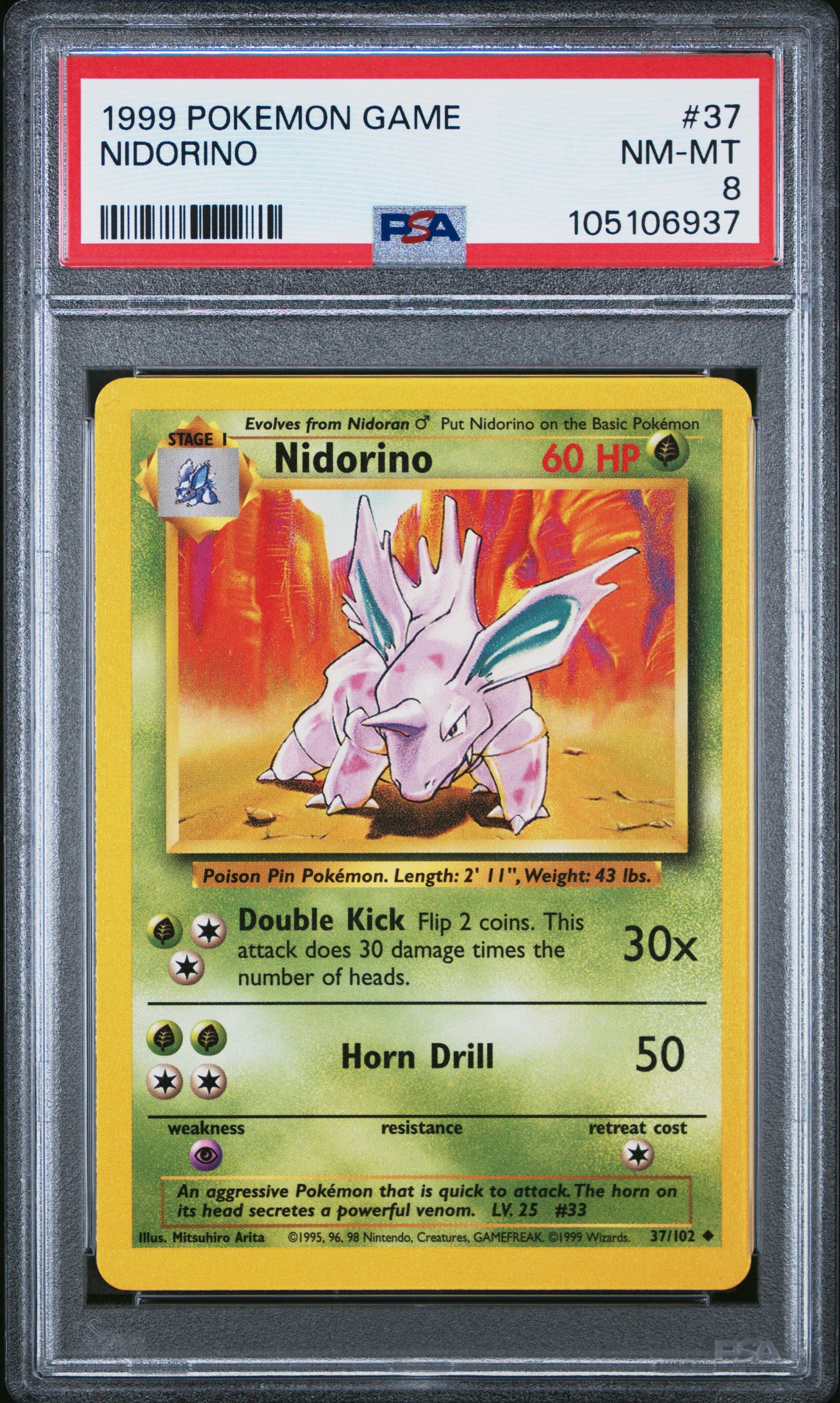 NIDORINO 37/102 Unlimited POKEMON GAME PSA8 NM-MT 8 PSA population 211 <a href=https://www.psacard.com/cert/105106937/psa>https://www.psacard.com/cert/105106937/psa</a>