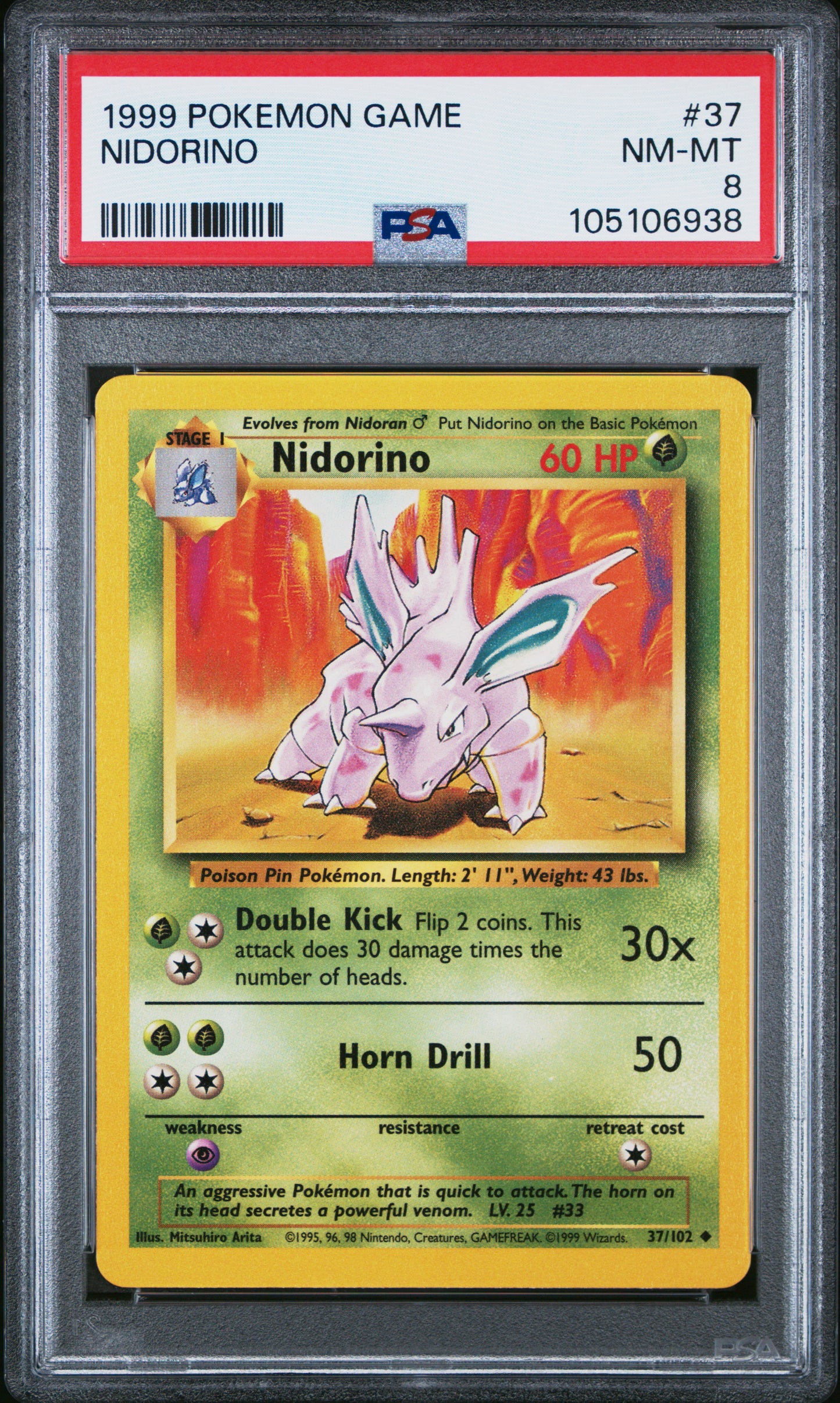 NIDORINO 37/102 Unlimited POKEMON GAME PSA8 NM-MT 8 PSA population 211 <a href=https://www.psacard.com/cert/105106938/psa>https://www.psacard.com/cert/105106938/psa</a>