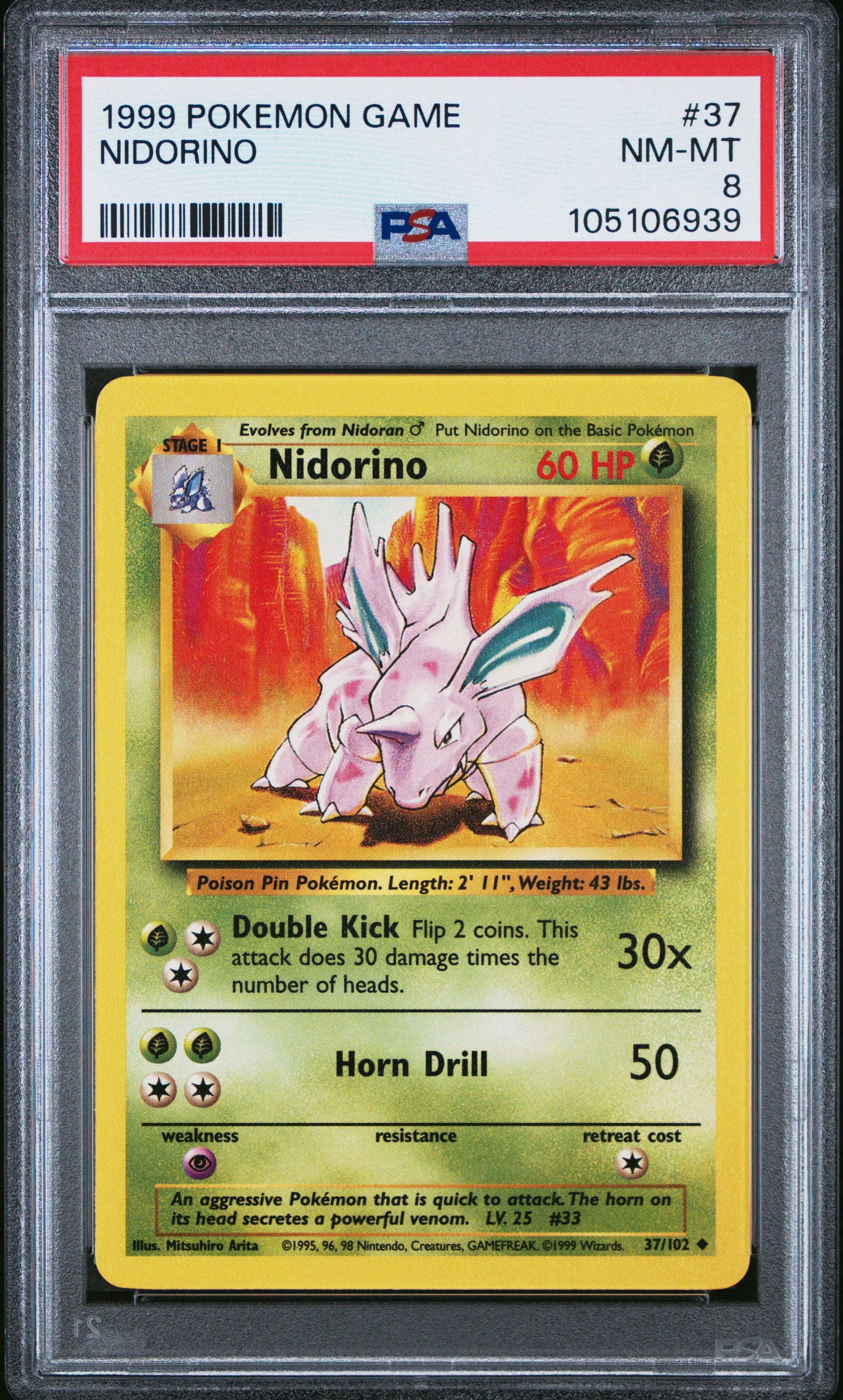 NIDORINO 37/102 Unlimited POKEMON GAME PSA8 NM-MT 8 PSA population 211 <a href=https://www.psacard.com/cert/105106939/psa>https://www.psacard.com/cert/105106939/psa</a>