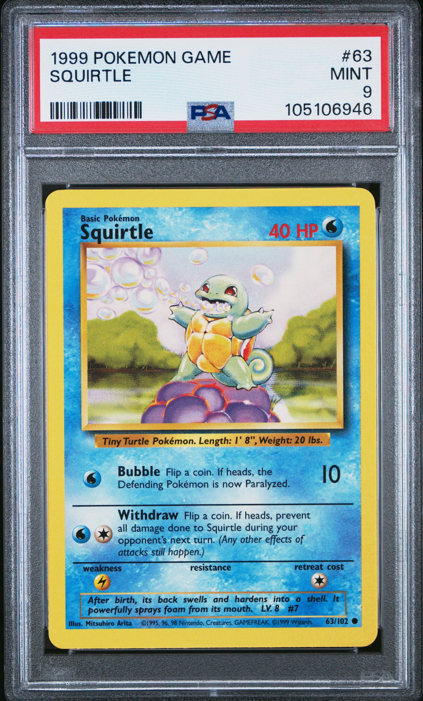 SQUIRTLE 63/102 Unlimited POKEMON GAME PSA9 MINT 9 PSA population 4221 <a href=https://www.psacard.com/cert/105106946/psa>https://www.psacard.com/cert/105106946/psa</a>