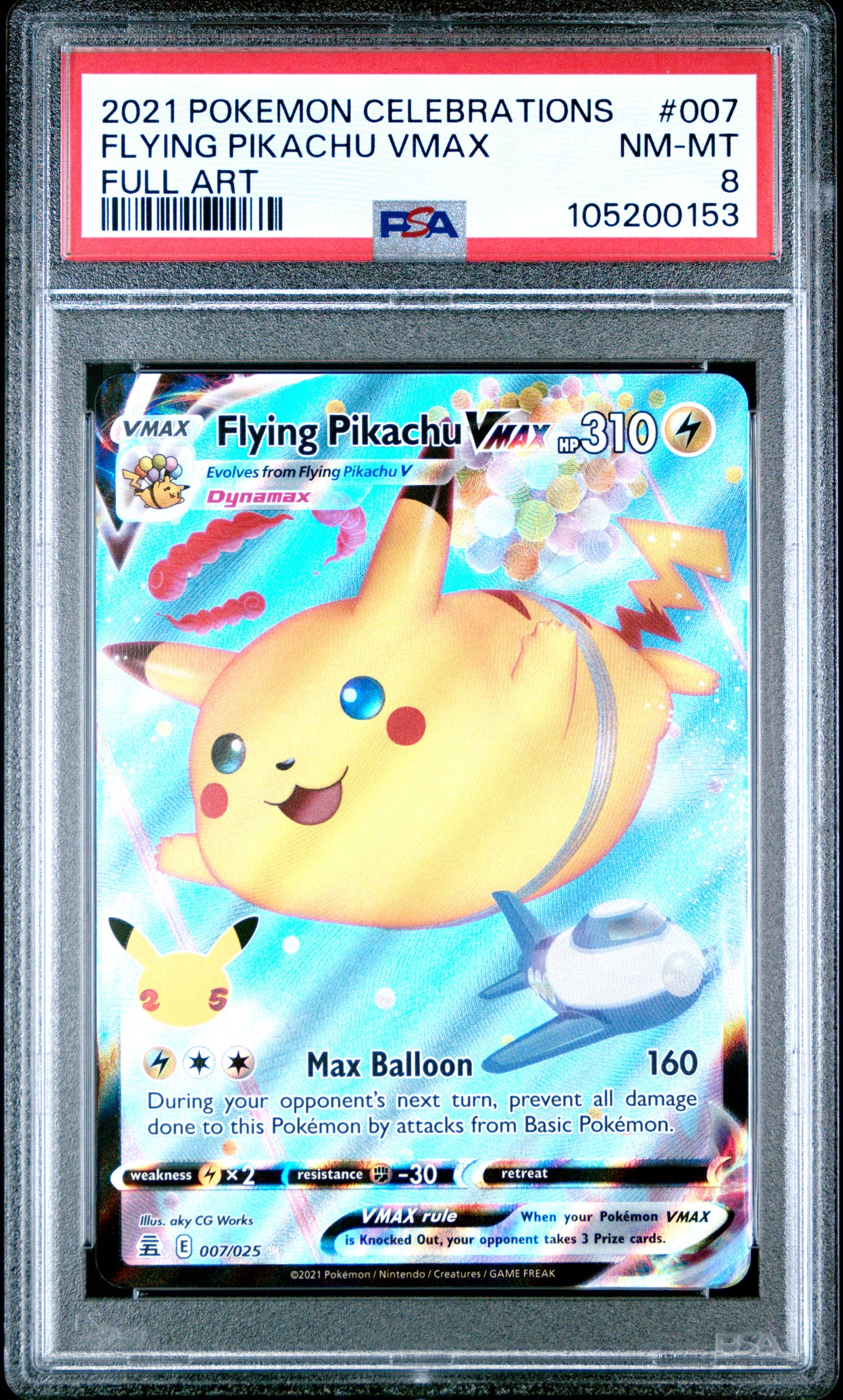 FLYING PIKACHU VMAX 7/25 Common POKEMON CELEBRATIONS FULL ART PSA8 NM-MT 8 PSA population 166 <a href=https://www.psacard.com/cert/105200153/psa>https://www.psacard.com/cert/105200153/psa</a>