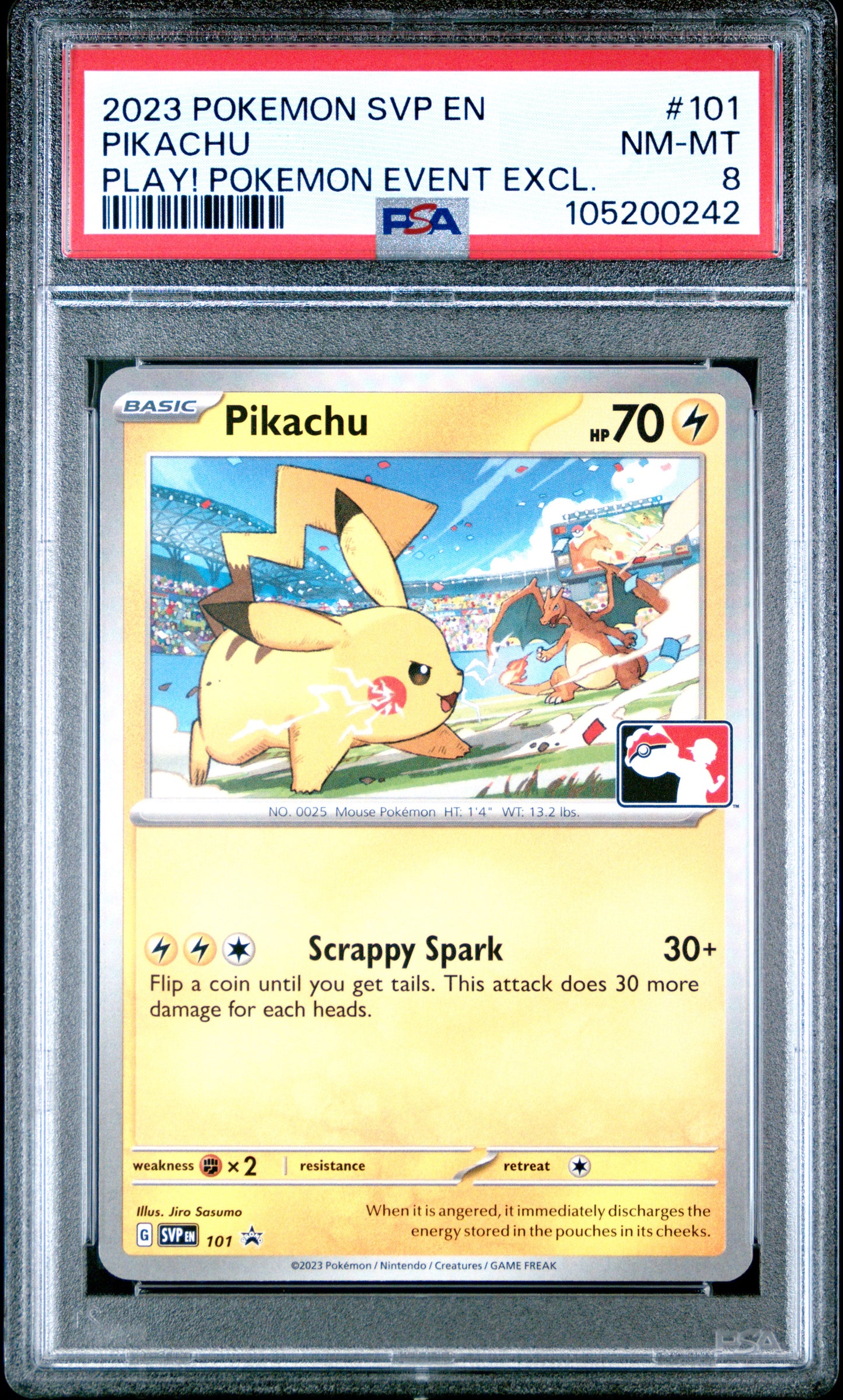 PIKACHU 101/SVP Common POKEMON SVP EN-SV BLACK STAR PROMO PLAY! POKEMON EVENT EXCL. PSA8 NM-MT 8 PSA population 80 <a href=https://www.psacard.com/cert/105200242/psa>https://www.psacard.com/cert/105200242/psa</a>