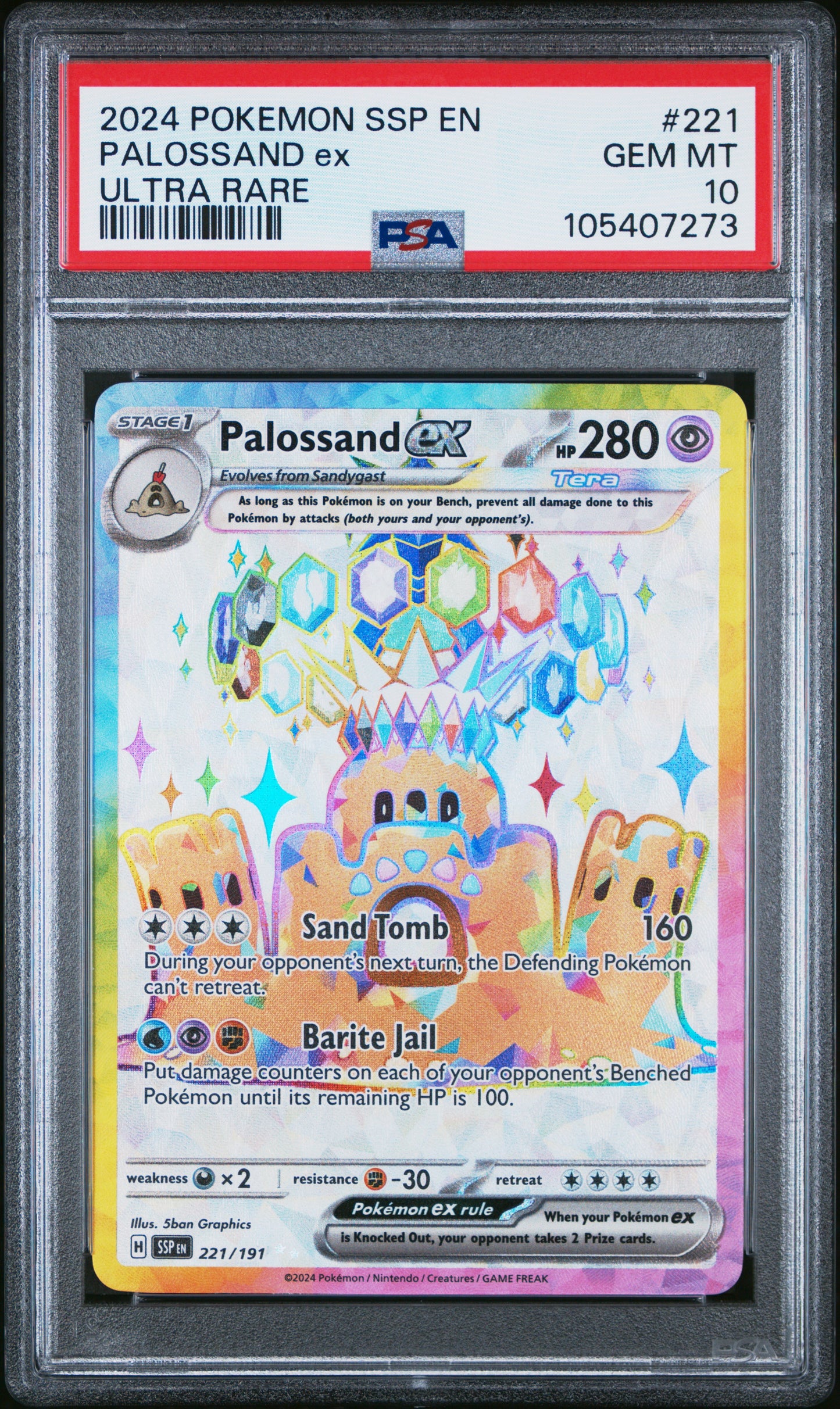 PALOSSAND EX 221/191 Common POKEMON SSP EN-SURGING SPARKS ULTRA RARE PSA10 GEM MT 10 PSA population 185 <a href=https://www.psacard.com/cert/105407273/psa>https://www.psacard.com/cert/105407273/psa</a>