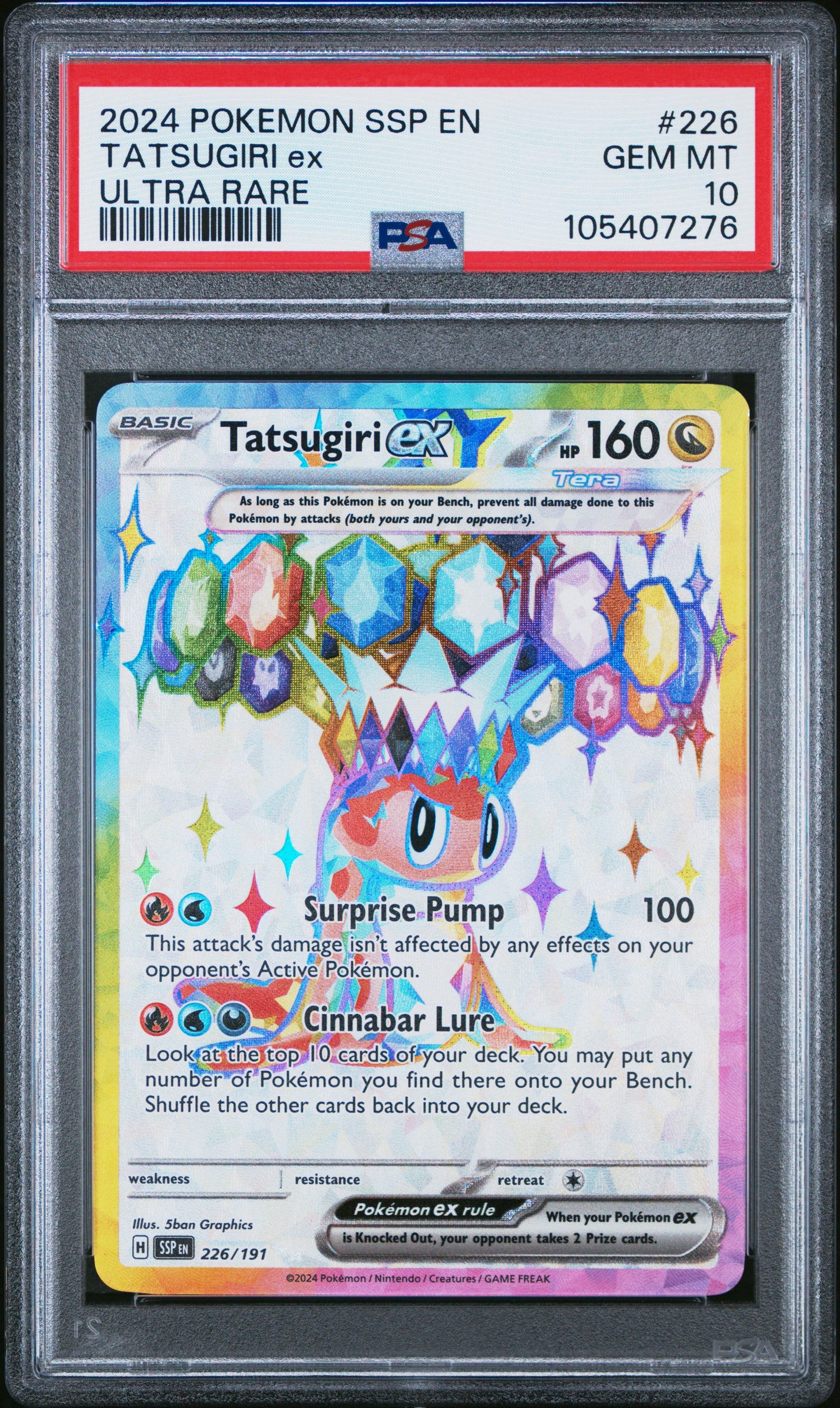 TATSUGIRI EX 226/191 Common POKEMON SSP EN-SURGING SPARKS ULTRA RARE PSA10 GEM MT 10 PSA population 305 <a href=https://www.psacard.com/cert/105407276/psa>https://www.psacard.com/cert/105407276/psa</a>