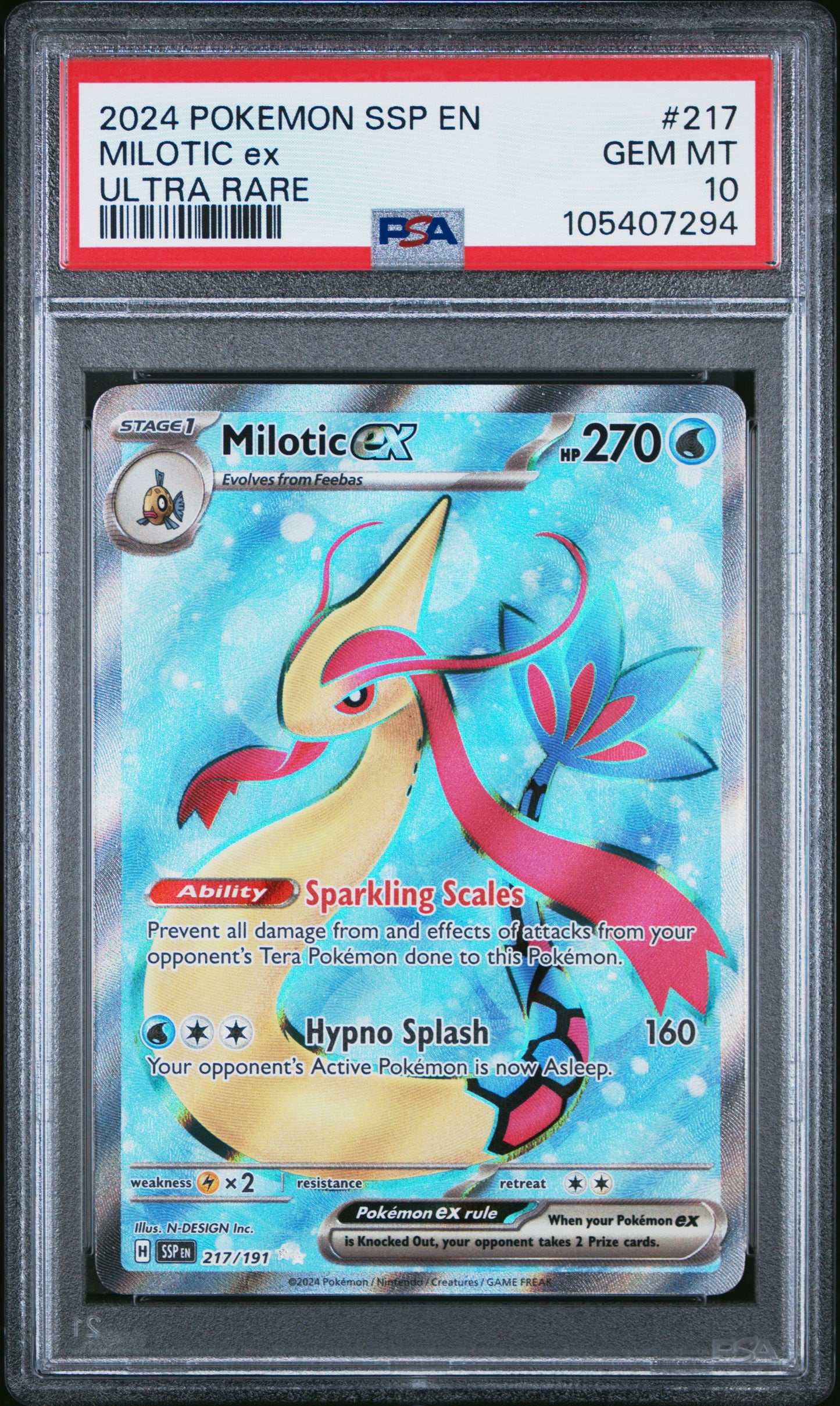 MILOTIC EX 217/191 Common POKEMON SSP EN-SURGING SPARKS ULTRA RARE PSA10 GEM MT 10 PSA population 204 <a href=https://www.psacard.com/cert/105407294/psa>https://www.psacard.com/cert/105407294/psa</a>
