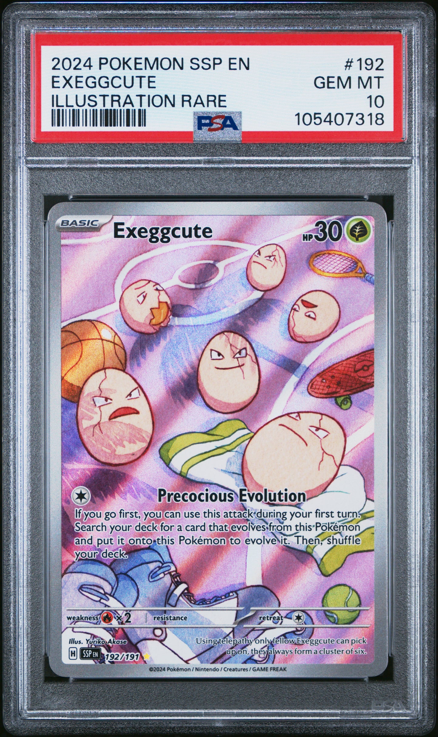EXEGGCUTE 192/191 Common POKEMON SSP EN-SURGING SPARKS ILLUSTRATION RARE PSA10 GEM MT 10 PSA population 1236 <a href=https://www.psacard.com/cert/105407318/psa>https://www.psacard.com/cert/105407318/psa</a>