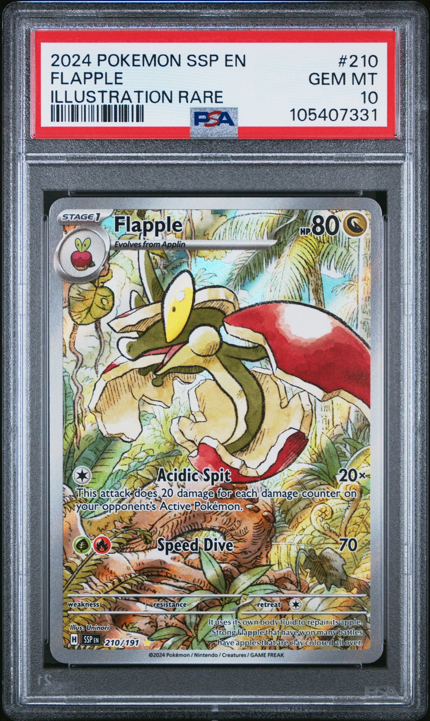 FLAPPLE 210/191 Common POKEMON SSP EN-SURGING SPARKS ILLUSTRATION RARE PSA10 GEM MT 10 PSA population 341 <a href=https://www.psacard.com/cert/105407331/psa>https://www.psacard.com/cert/105407331/psa</a>
