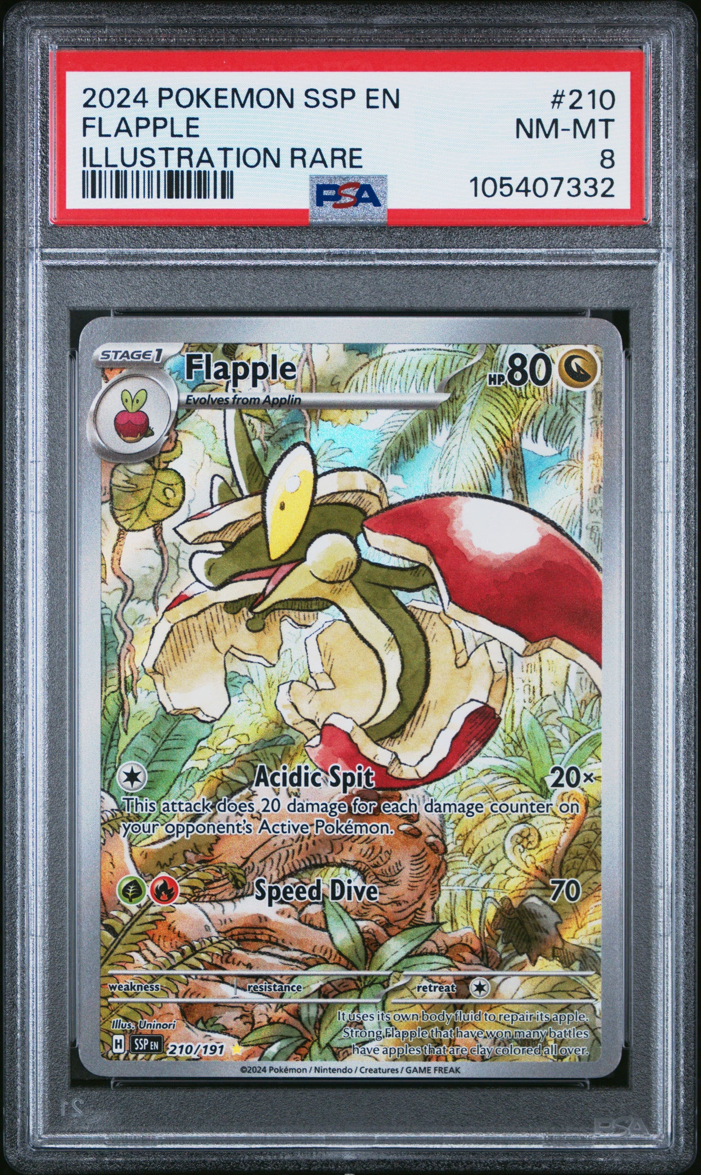 FLAPPLE 210/191 Common POKEMON SSP EN-SURGING SPARKS ILLUSTRATION RARE PSA8 NM-MT 8 PSA population 85 <a href=https://www.psacard.com/cert/105407332/psa>https://www.psacard.com/cert/105407332/psa</a>