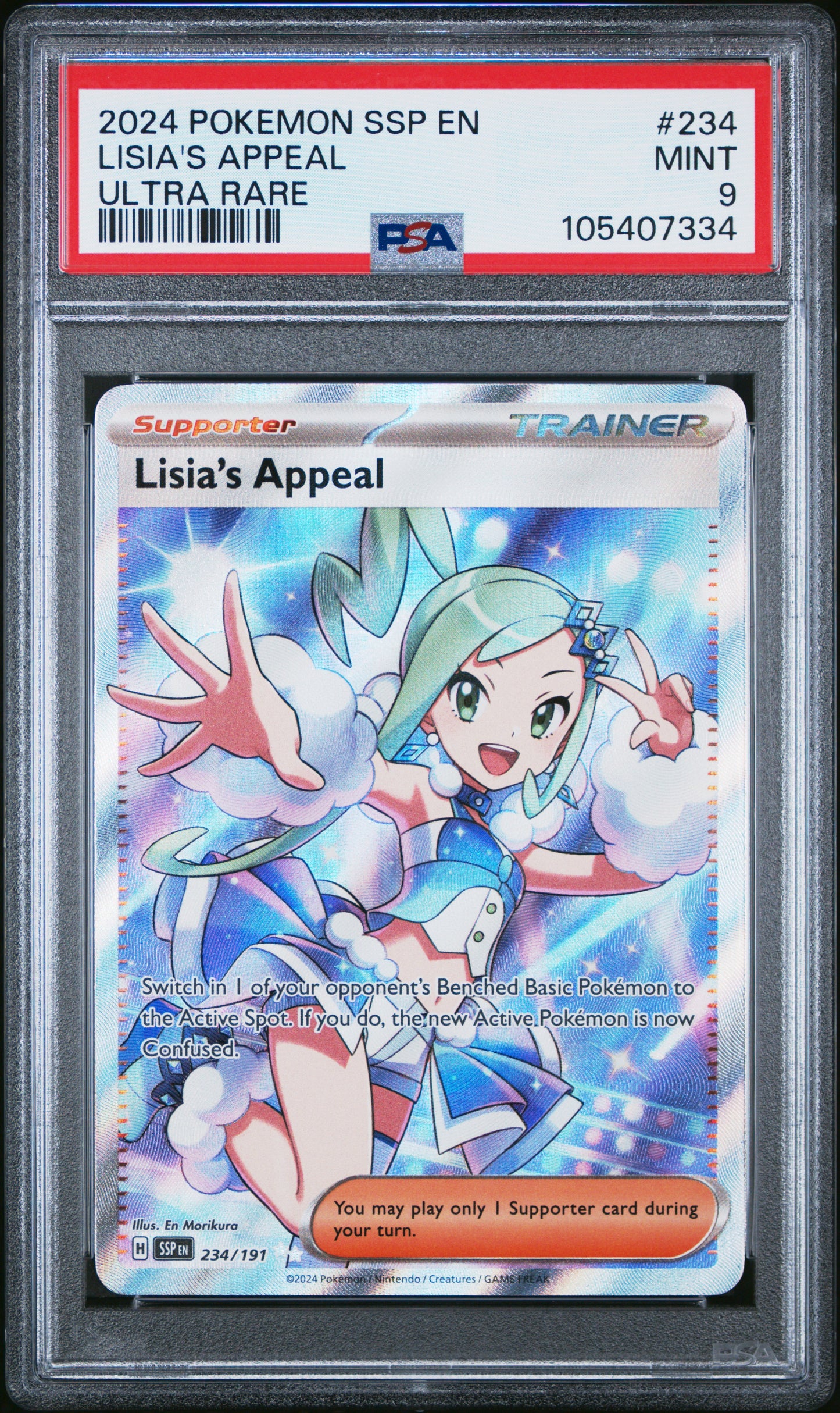 LISIA'S APPEAL 234/191 Common POKEMON SSP EN-SURGING SPARKS ULTRA RARE PSA9 MINT 9 PSA population 1818 <a href=https://www.psacard.com/cert/105407334/psa>https://www.psacard.com/cert/105407334/psa</a>