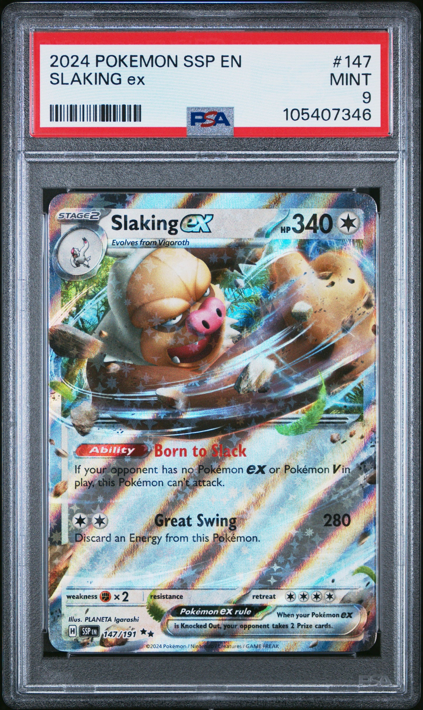 SLAKING EX 147/191 Common POKEMON SSP EN-SURGING SPARKS PSA9 MINT 9 PSA population 82 <a href=https://www.psacard.com/cert/105407346/psa>https://www.psacard.com/cert/105407346/psa</a>