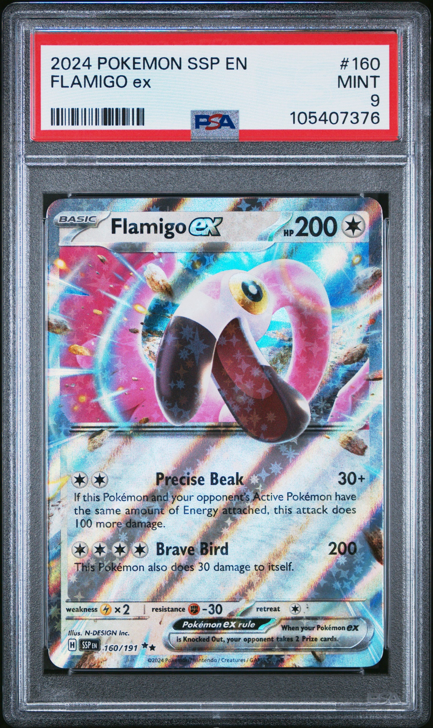 FLAMIGO EX 160/191 Common POKEMON SSP EN-SURGING SPARKS PSA9 MINT 9 PSA population 55 <a href=https://www.psacard.com/cert/105407376/psa>https://www.psacard.com/cert/105407376/psa</a>