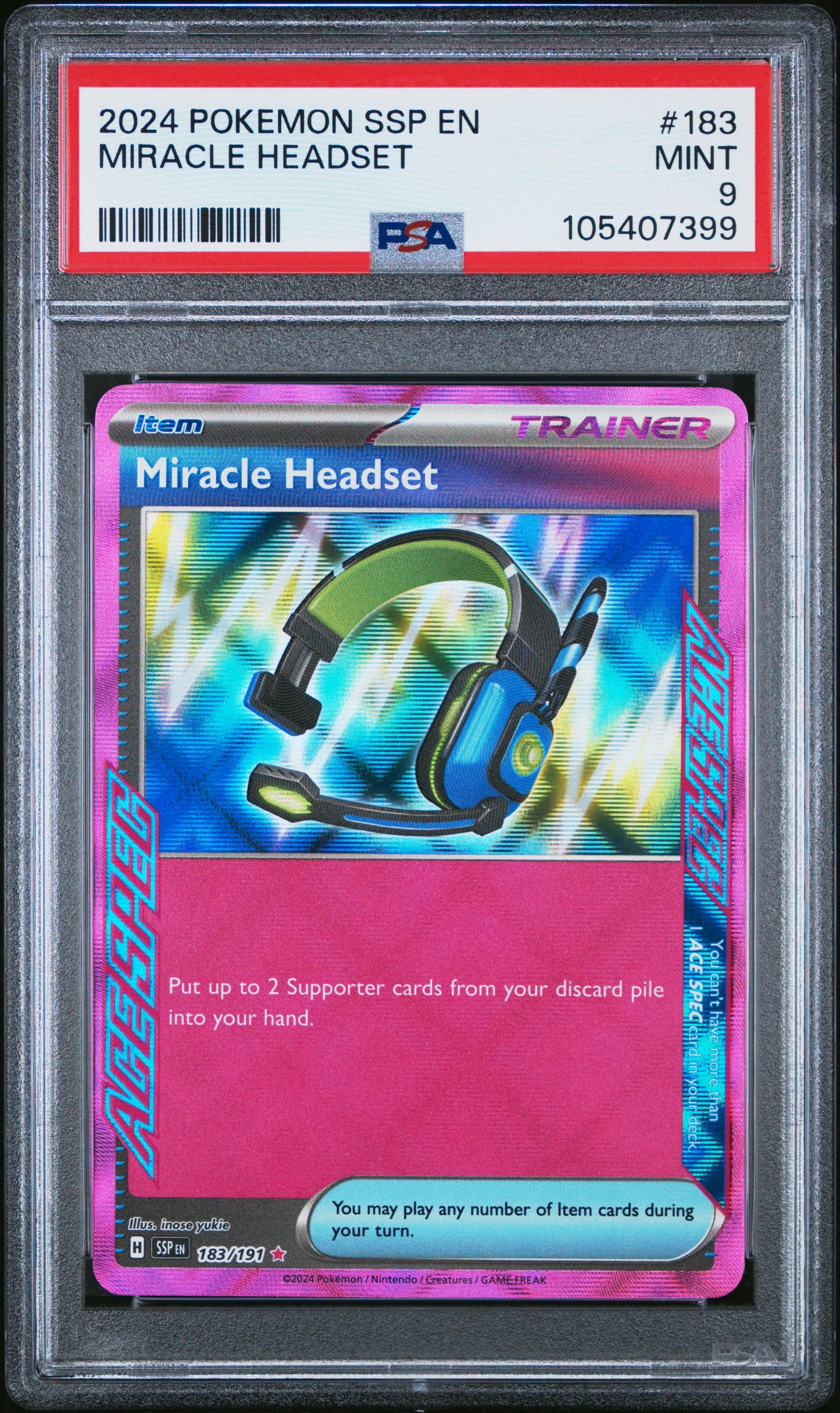 MIRACLE HEADSET 183/191 Common POKEMON SSP EN-SURGING SPARKS PSA9 MINT 9 PSA population 58 <a href=https://www.psacard.com/cert/105407399/psa>https://www.psacard.com/cert/105407399/psa</a>