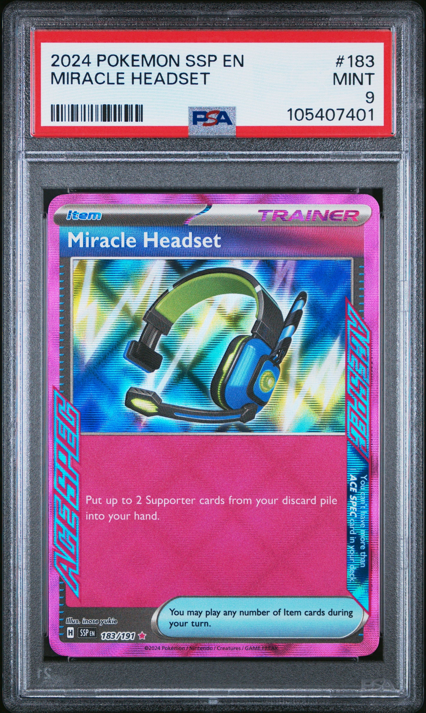MIRACLE HEADSET 183/191 Common POKEMON SSP EN-SURGING SPARKS PSA9 MINT 9 PSA population 58 <a href=https://www.psacard.com/cert/105407401/psa>https://www.psacard.com/cert/105407401/psa</a>