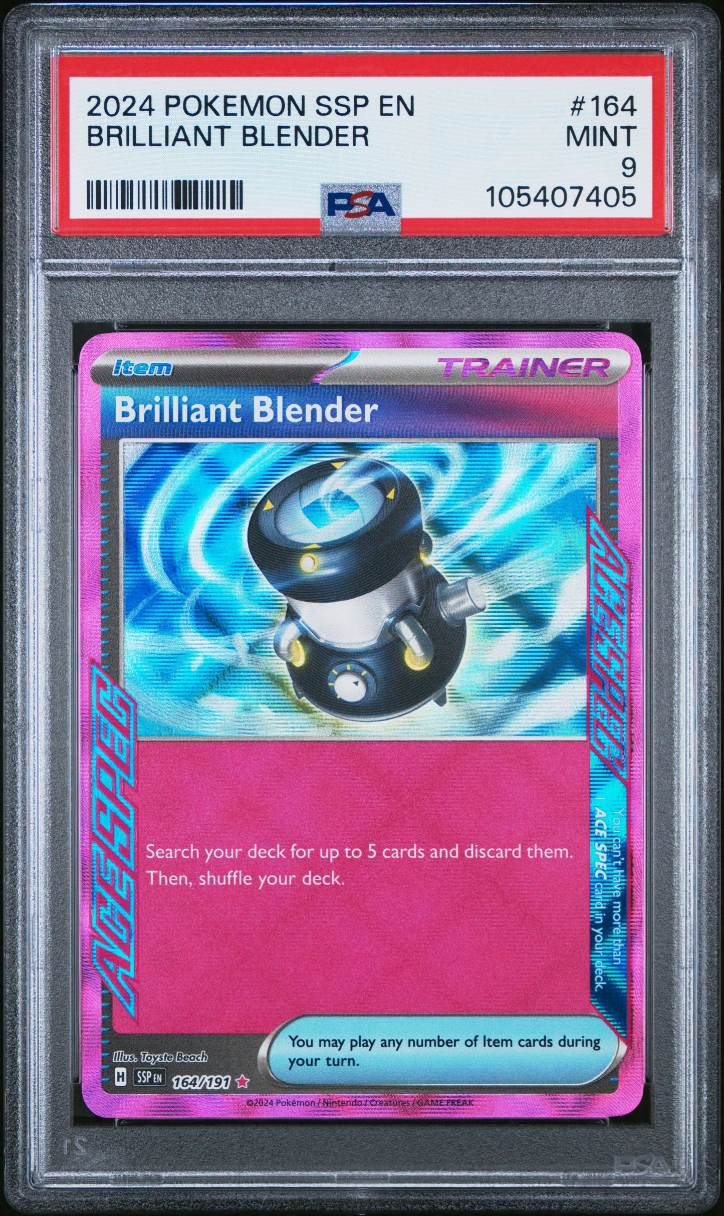 BRILLIANT BLENDER 164/191 Common POKEMON SSP EN-SURGING SPARKS PSA9 MINT 9 PSA population 57 <a href=https://www.psacard.com/cert/105407405/psa>https://www.psacard.com/cert/105407405/psa</a>