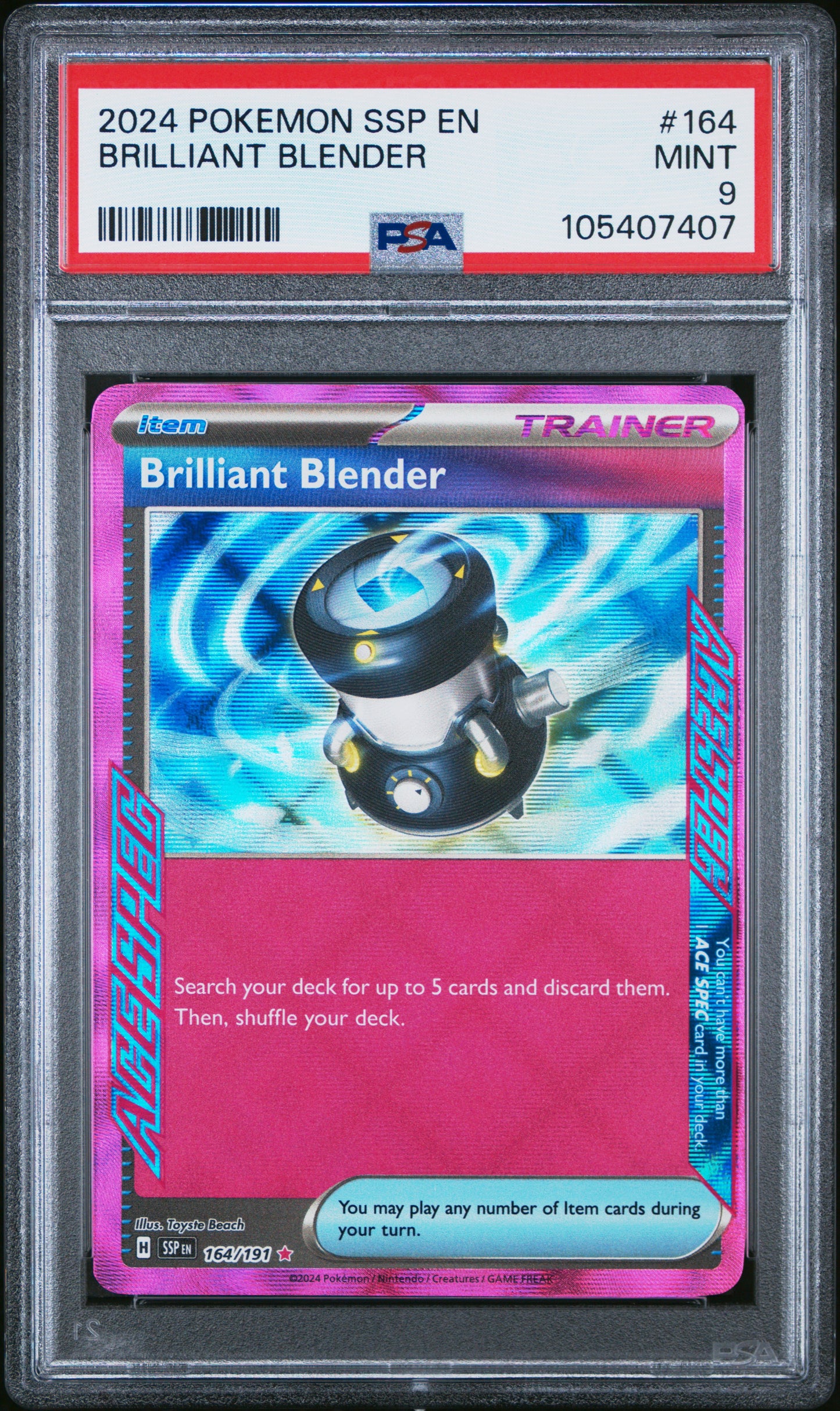 BRILLIANT BLENDER 164/191 Common POKEMON SSP EN-SURGING SPARKS PSA9 MINT 9 PSA population 57 <a href=https://www.psacard.com/cert/105407407/psa>https://www.psacard.com/cert/105407407/psa</a>
