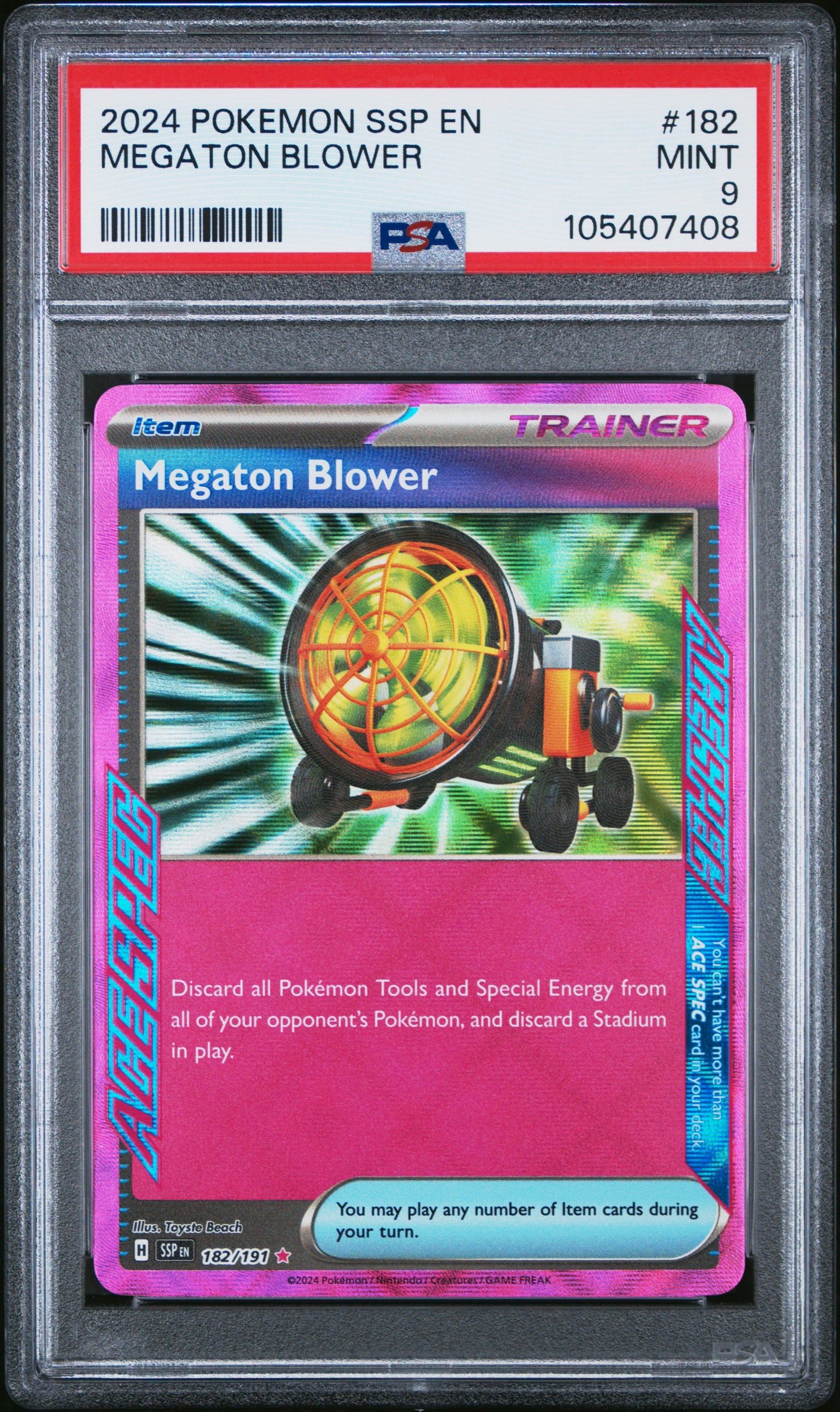 MEGATON BLOWER 182/191 Common POKEMON SSP EN-SURGING SPARKS PSA9 MINT 9 PSA population 53 <a href=https://www.psacard.com/cert/105407408/psa>https://www.psacard.com/cert/105407408/psa</a>
