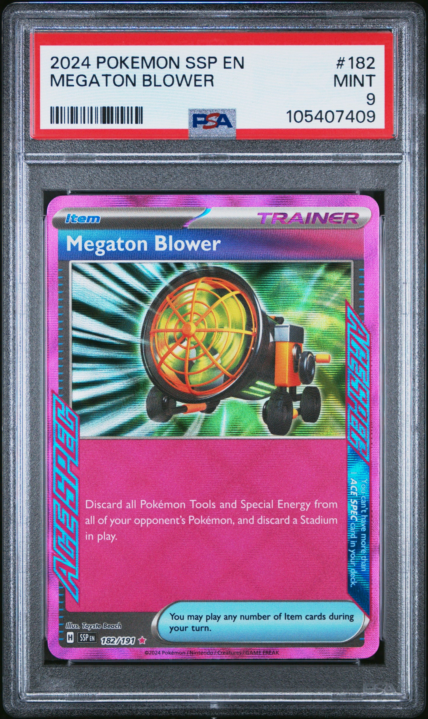 MEGATON BLOWER 182/191 Common POKEMON SSP EN-SURGING SPARKS PSA9 MINT 9 PSA population 53 <a href=https://www.psacard.com/cert/105407409/psa>https://www.psacard.com/cert/105407409/psa</a>