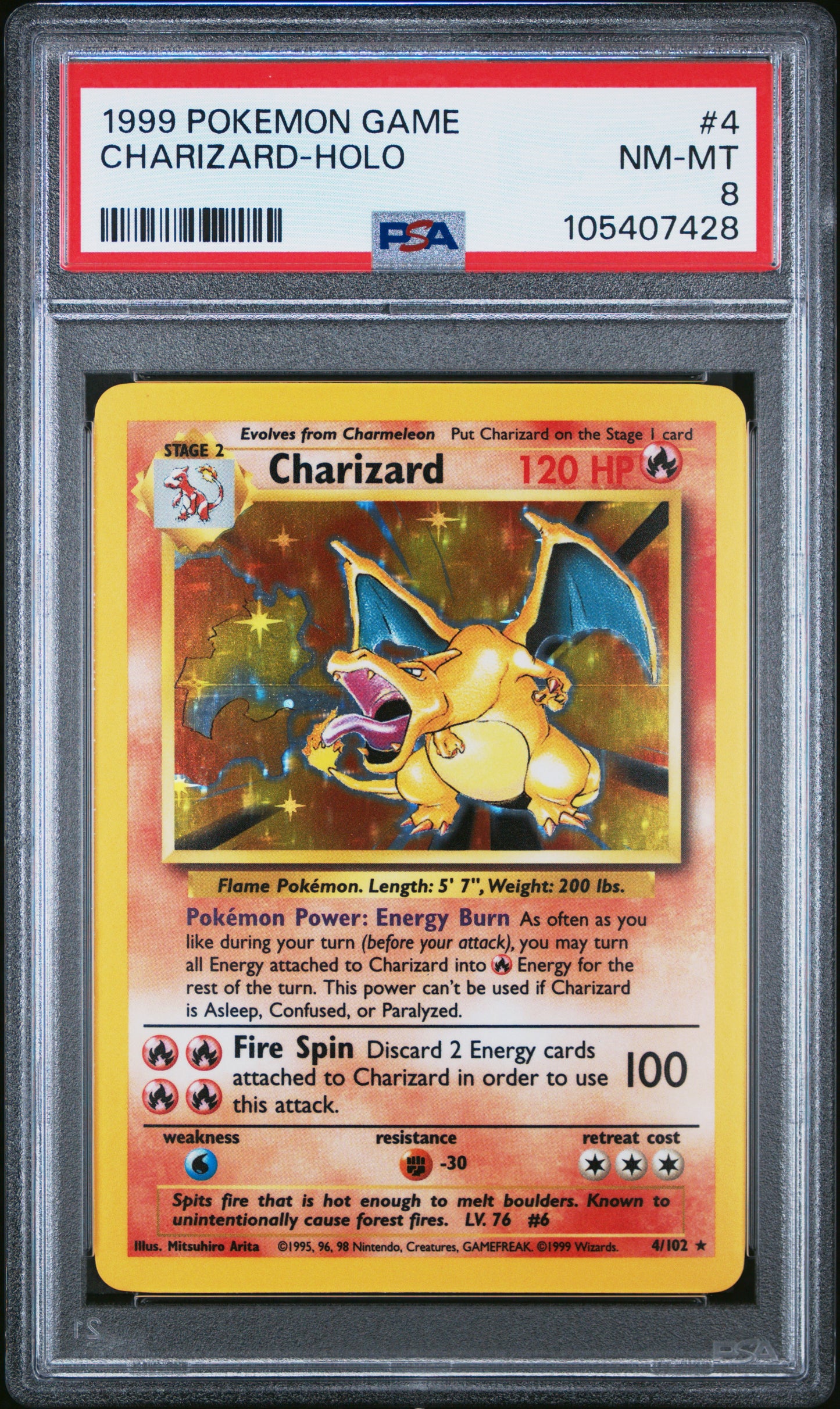 CHARIZARD-HOLO 4/102 Unlimited POKEMON GAME PSA8 NM-MT 8 PSA population 14477 <a href=https://www.psacard.com/cert/105407428/psa>https://www.psacard.com/cert/105407428/psa</a>