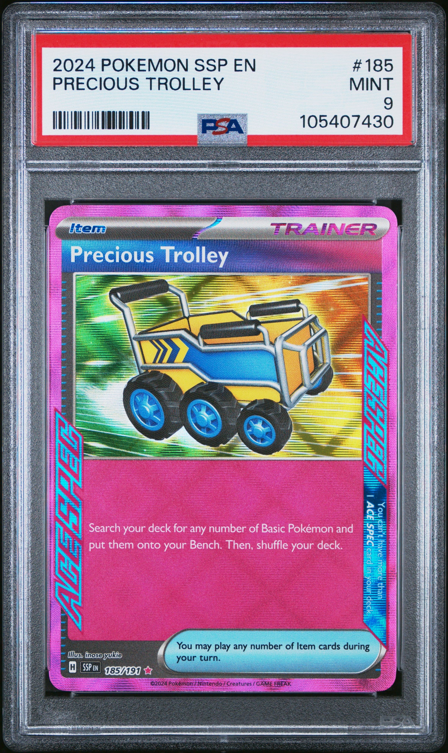 PRECIOUS TROLLEY 185/191 Common POKEMON SSP EN-SURGING SPARKS PSA9 MINT 9 PSA population 92 <a href=https://www.psacard.com/cert/105407430/psa>https://www.psacard.com/cert/105407430/psa</a>