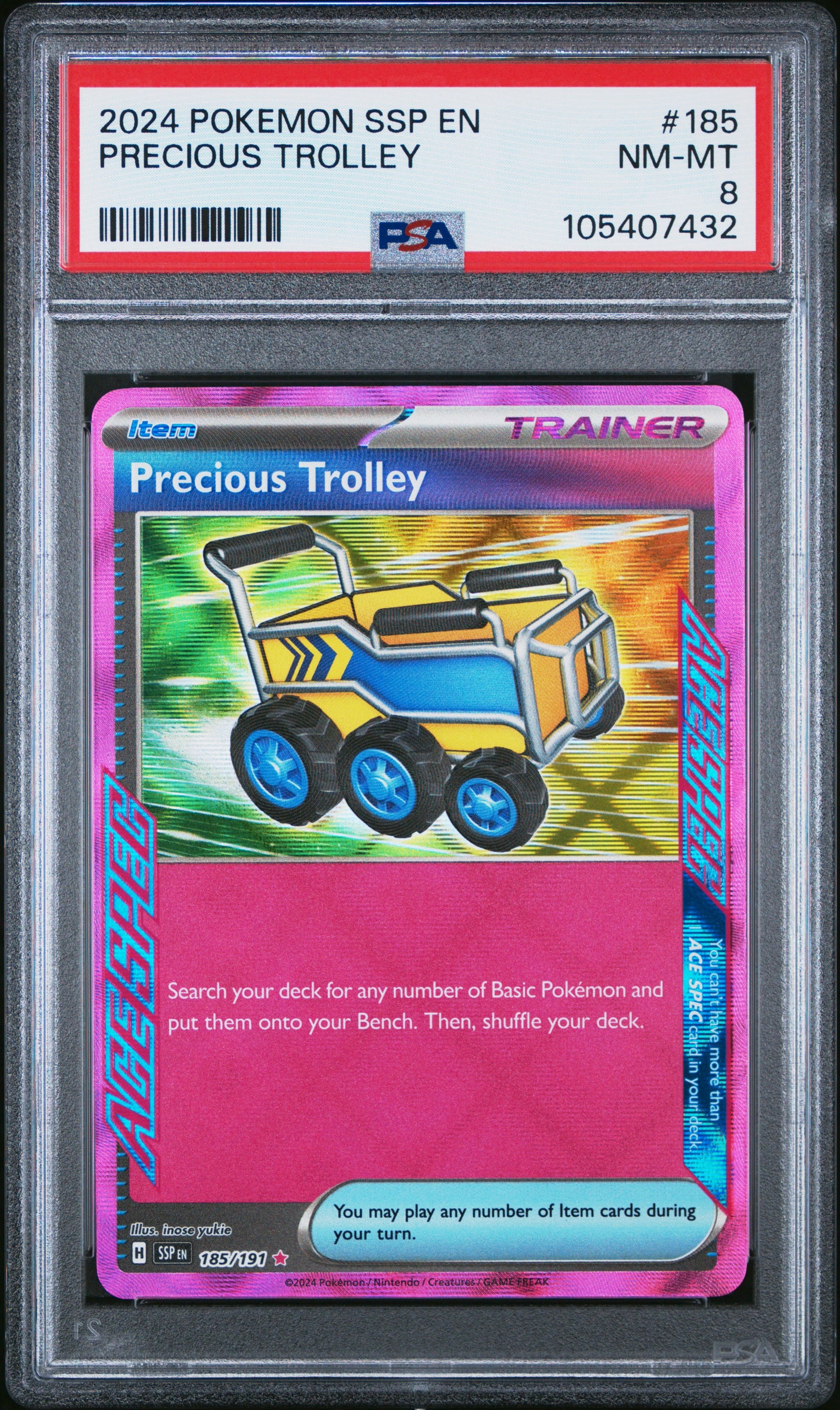 PRECIOUS TROLLEY 185/191 Common POKEMON SSP EN-SURGING SPARKS PSA8 NM-MT 8 PSA population 26 <a href=https://www.psacard.com/cert/105407432/psa>https://www.psacard.com/cert/105407432/psa</a>
