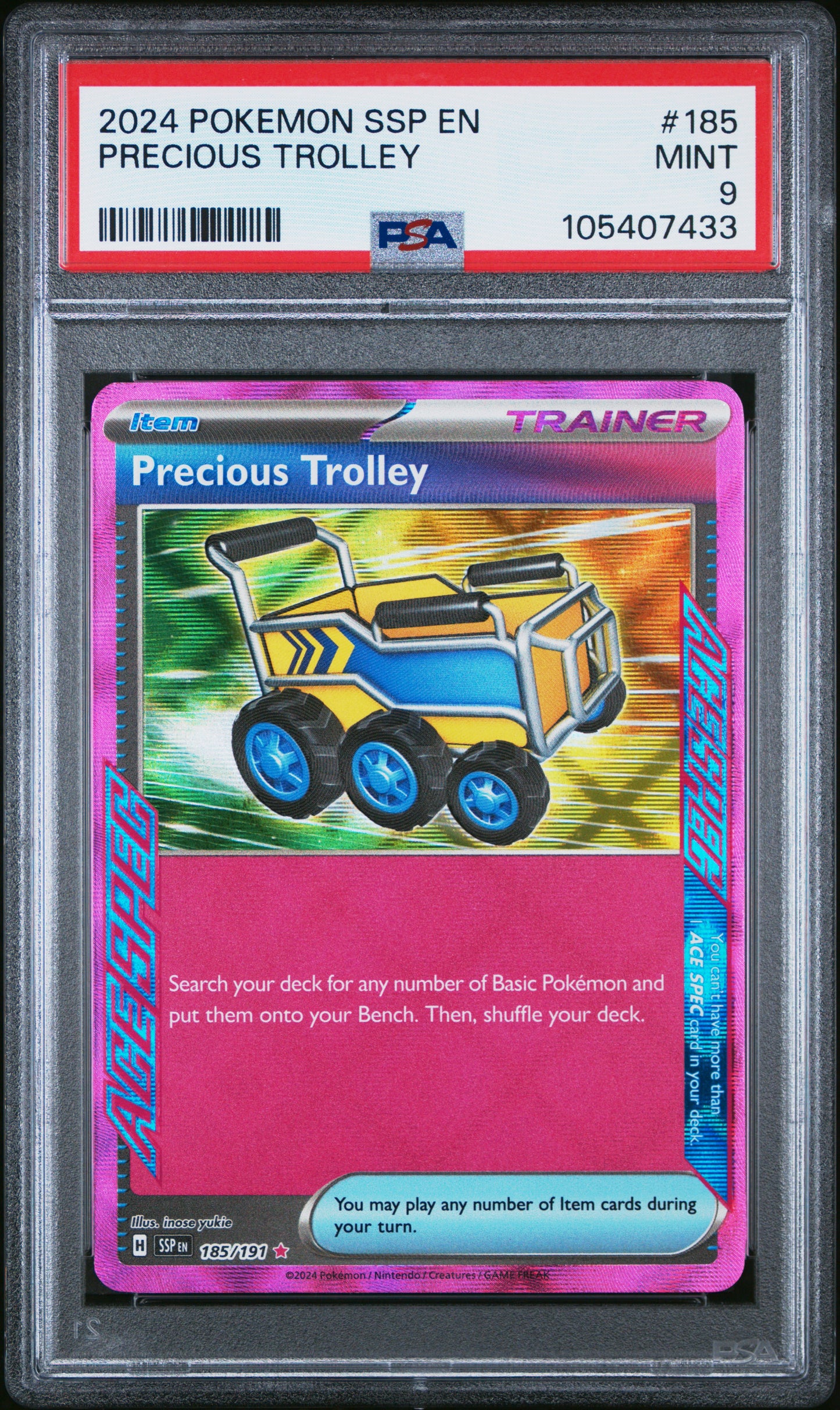 PRECIOUS TROLLEY 185/191 Common POKEMON SSP EN-SURGING SPARKS PSA9 MINT 9 PSA population 92 <a href=https://www.psacard.com/cert/105407433/psa>https://www.psacard.com/cert/105407433/psa</a>