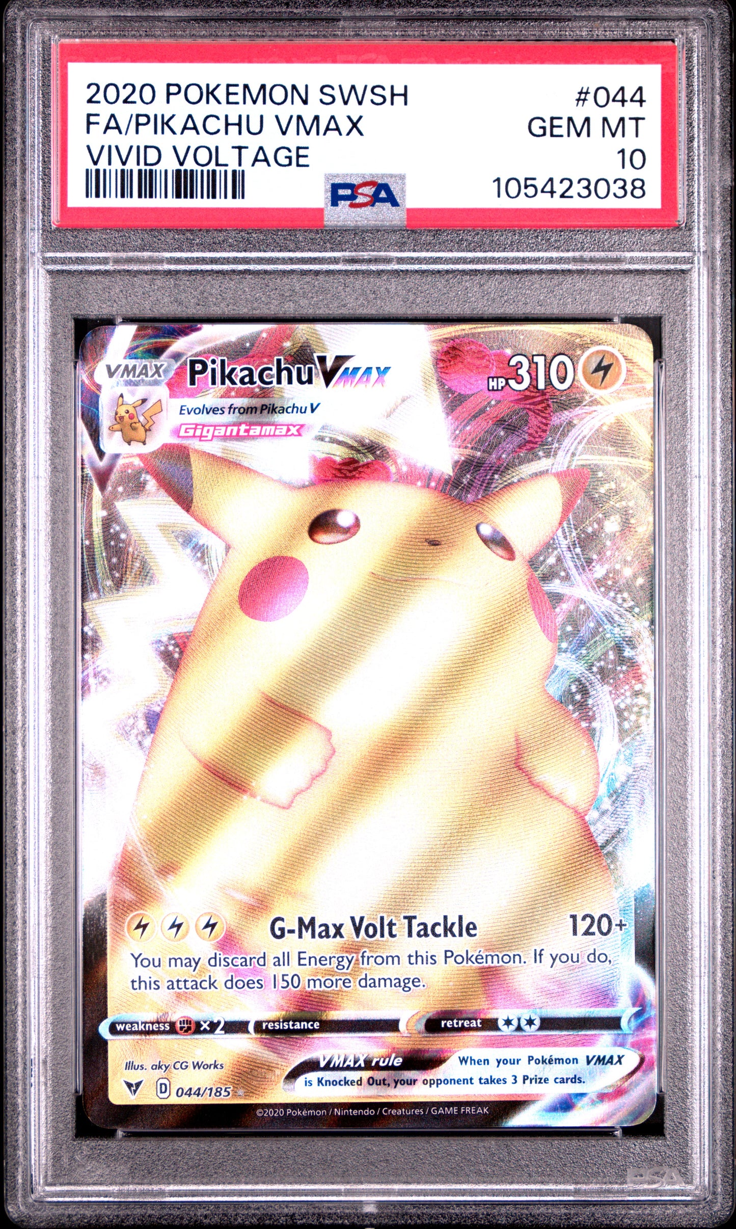 FA/PIKACHU VMAX 44/185 Common POKEMON SWORD & SHIELD VIVID VOLTAGE VIVID VOLTAGE PSA10 GEM MT 10 PSA population 9184 <a href=https://www.psacard.com/cert/105423038/psa>https://www.psacard.com/cert/105423038/psa</a>