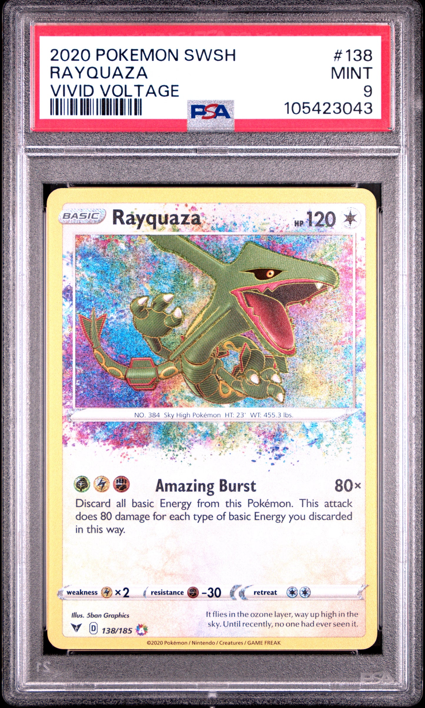 RAYQUAZA 138/185 Common POKEMON SWORD & SHIELD VIVID VOLTAGE VIVID VOLTAGE PSA9 MINT 9 PSA population 5493 <a href=https://www.psacard.com/cert/105423043/psa>https://www.psacard.com/cert/105423043/psa</a>