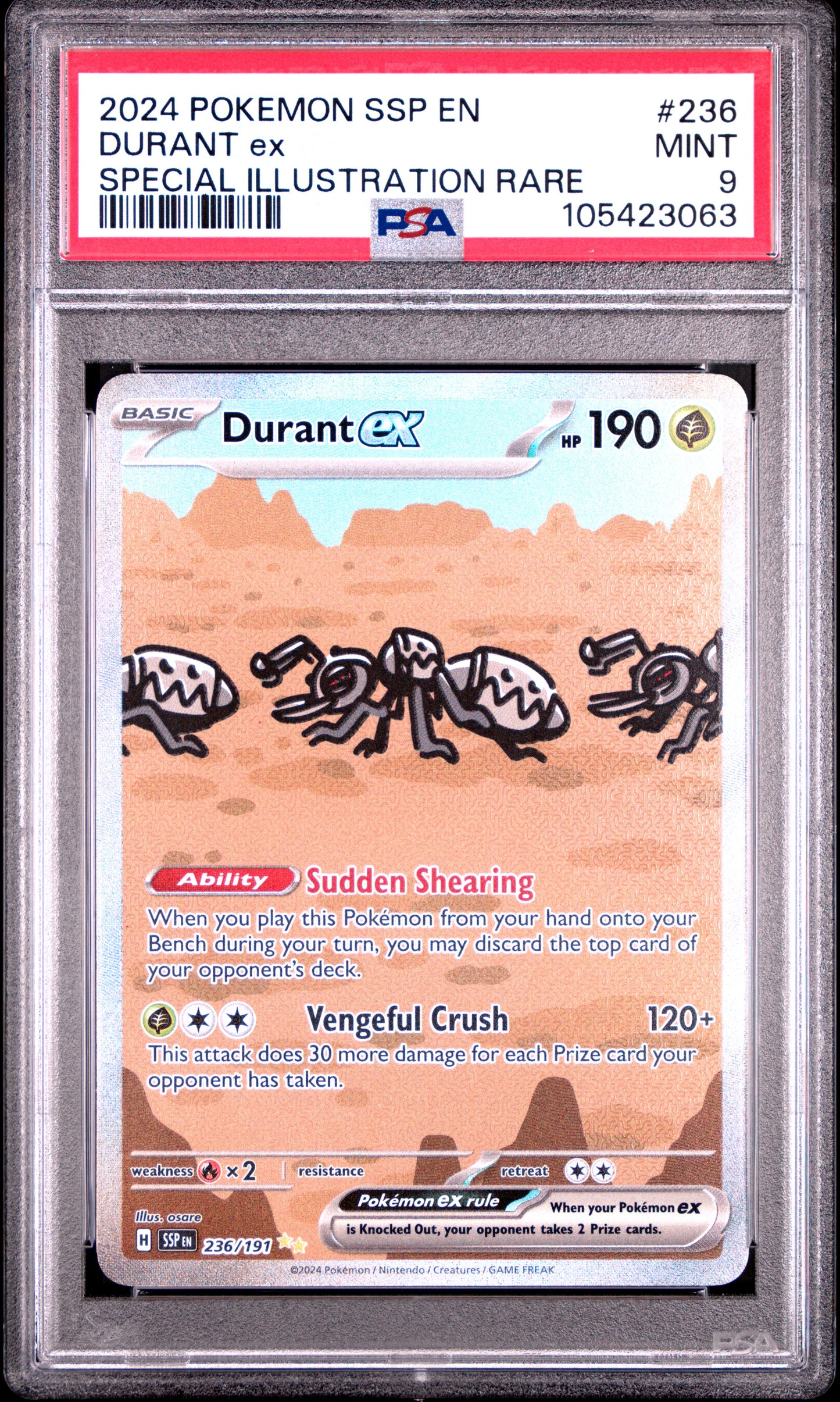 DURANT EX 236/191 Common POKEMON SSP EN-SURGING SPARKS SPECIAL ILLUSTRATION RARE PSA9 MINT 9 PSA population 1257 <a href=https://www.psacard.com/cert/105423063/psa>https://www.psacard.com/cert/105423063/psa</a>