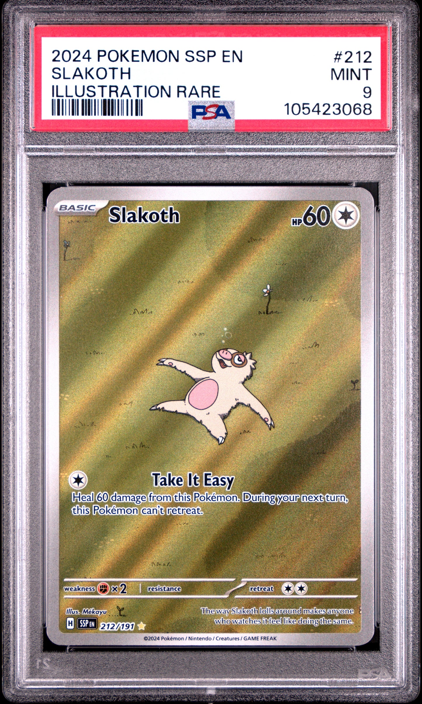SLAKOTH 212/191 Common POKEMON SSP EN-SURGING SPARKS ILLUSTRATION RARE PSA9 MINT 9 PSA population 2135 <a href=https://www.psacard.com/cert/105423068/psa>https://www.psacard.com/cert/105423068/psa</a>
