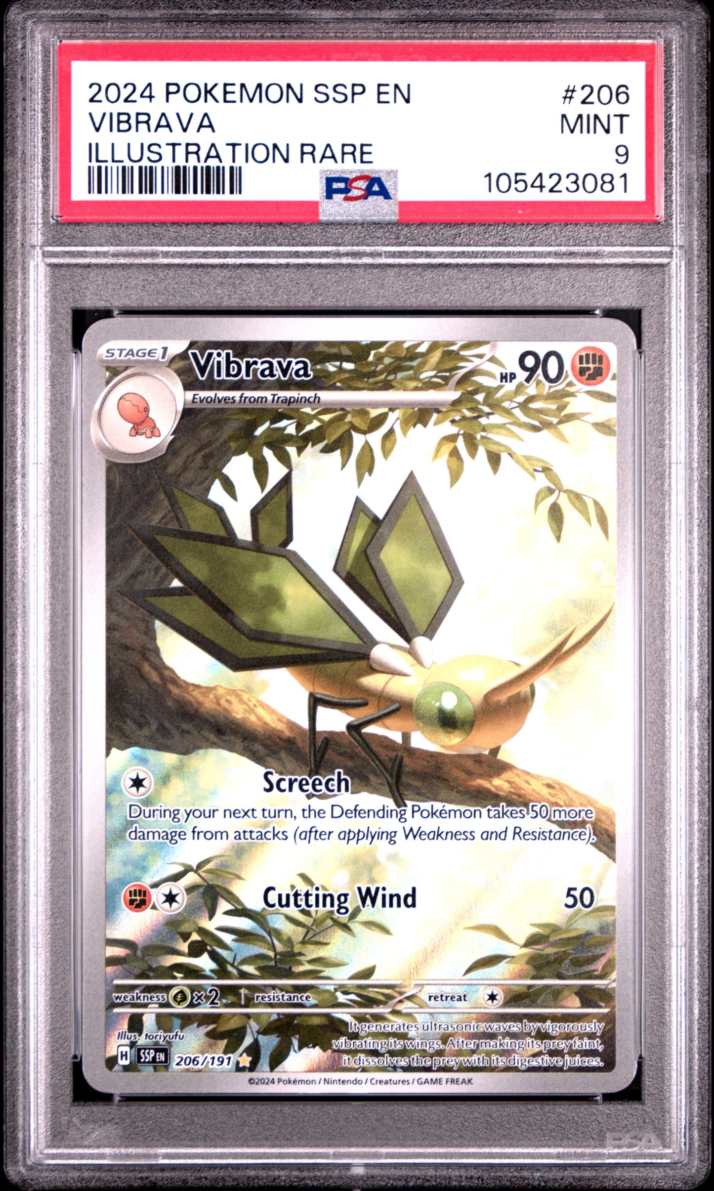 VIBRAVA 206/191 Common POKEMON SSP EN-SURGING SPARKS ILLUSTRATION RARE PSA9 MINT 9 PSA population 491 <a href=https://www.psacard.com/cert/105423081/psa>https://www.psacard.com/cert/105423081/psa</a>