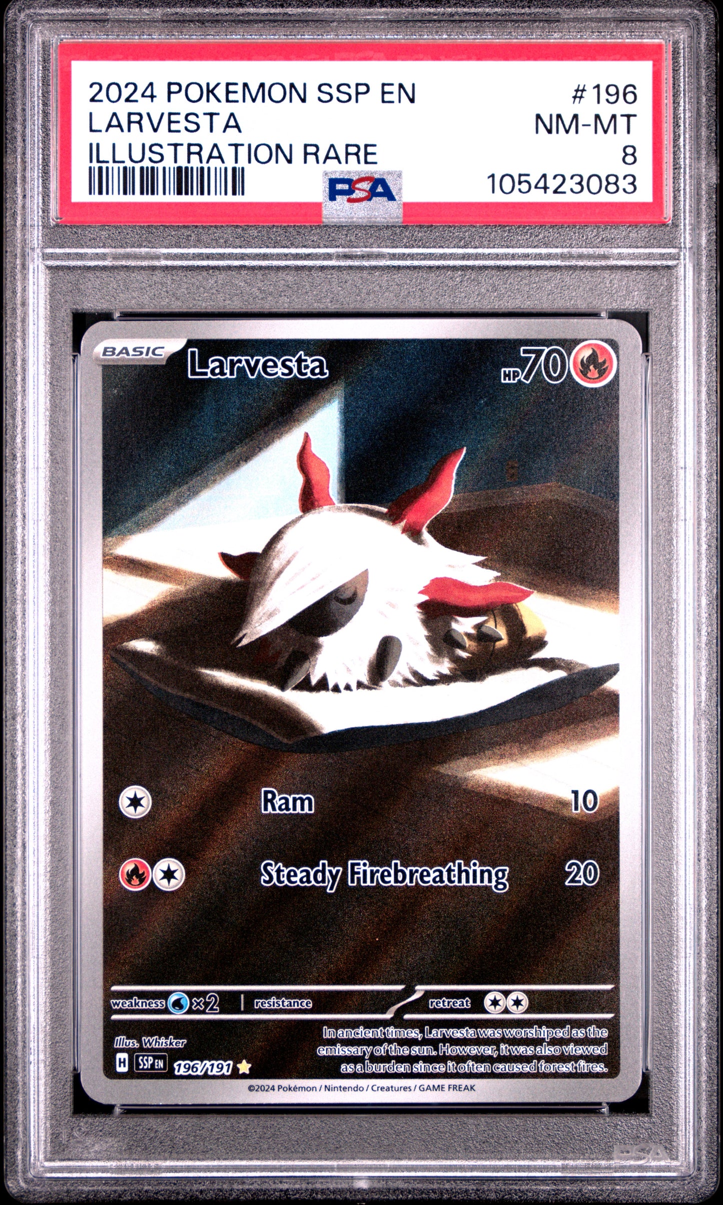 LARVESTA 196/191 Common POKEMON SSP EN-SURGING SPARKS ILLUSTRATION RARE PSA8 NM-MT 8 PSA population 113 <a href=https://www.psacard.com/cert/105423083/psa>https://www.psacard.com/cert/105423083/psa</a>