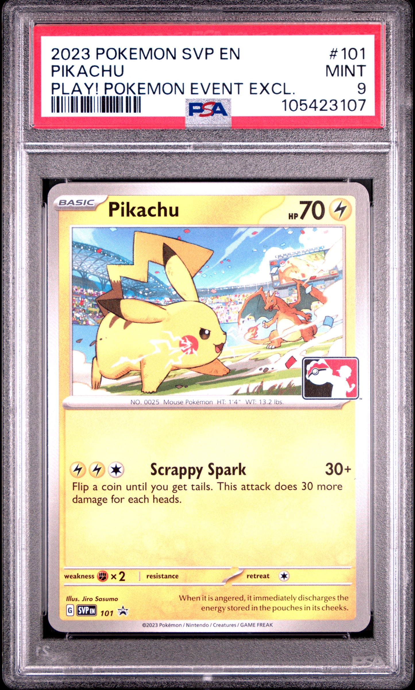 PIKACHU 101/SVP Common POKEMON SVP EN-SV BLACK STAR PROMO PLAY! POKEMON EVENT EXCL. PSA9 MINT 9 PSA population 539 <a href=https://www.psacard.com/cert/105423107/psa>https://www.psacard.com/cert/105423107/psa</a>