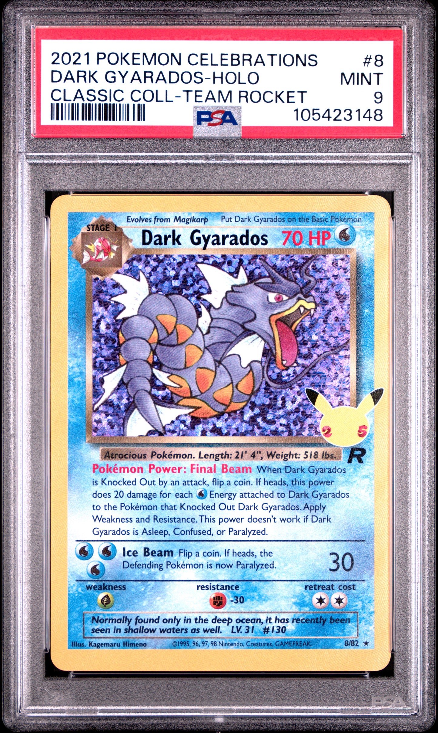 DARK GYARADOS-HOLO 8/82 Common POKEMON CELEBRATIONS CLASSIC COLLECTION CLASSIC COLL-TEAM ROCKET PSA9 MINT 9 PSA population 1580 <a href=https://www.psacard.com/cert/105423148/psa>https://www.psacard.com/cert/105423148/psa</a>