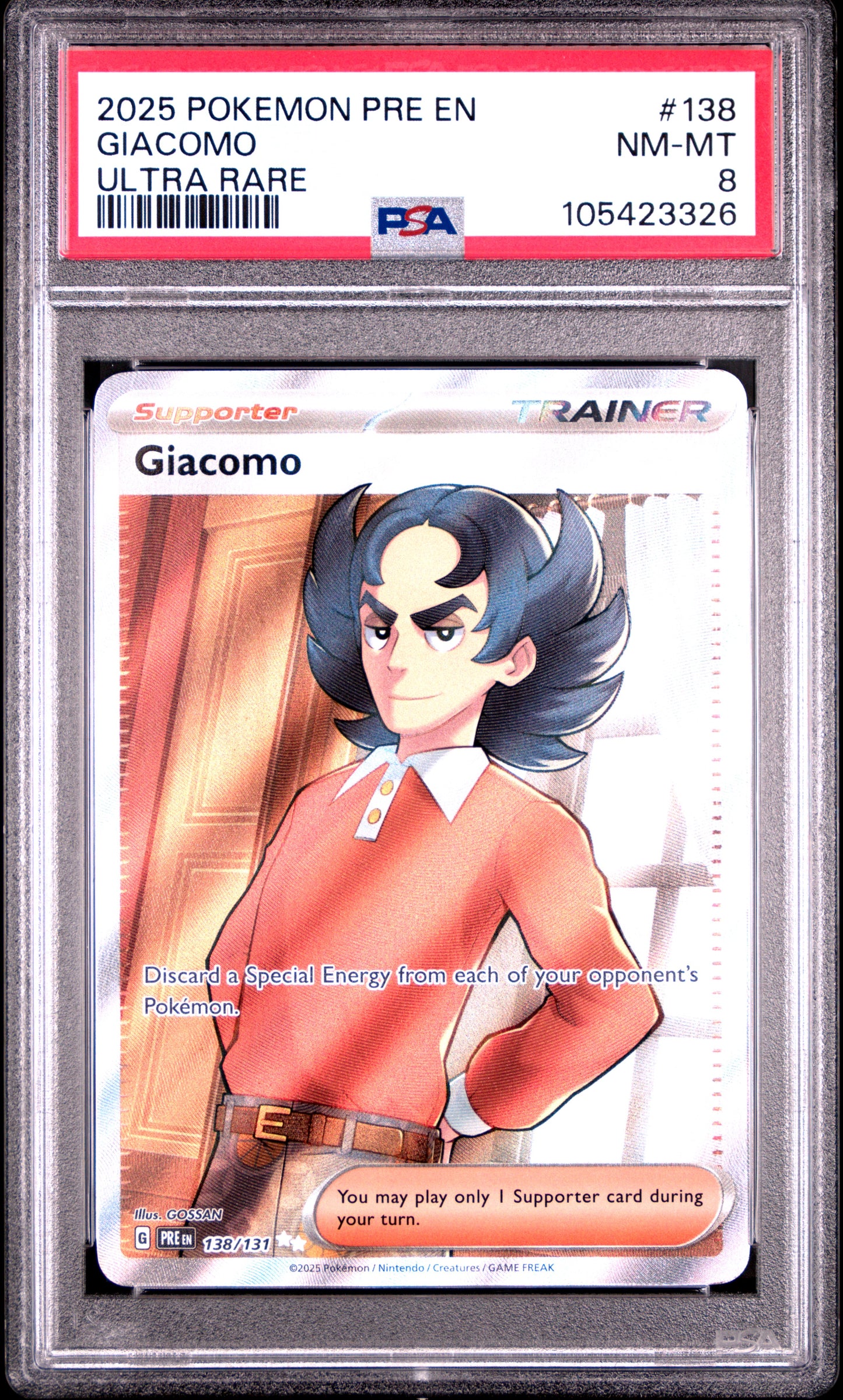 GIACOMO 138/131 Common POKEMON PRE EN-PRISMATIC EVOLUTIONS ULTRA RARE PSA8 NM-MT 8 PSA population 30 <a href=https://www.psacard.com/cert/105423326/psa>https://www.psacard.com/cert/105423326/psa</a>