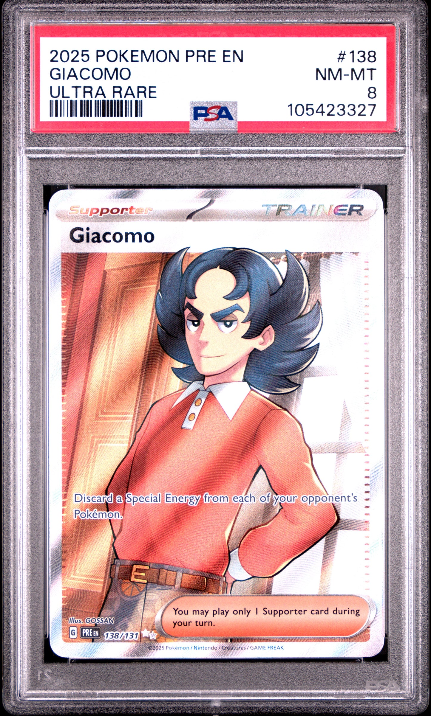 GIACOMO 138/131 Common POKEMON PRE EN-PRISMATIC EVOLUTIONS ULTRA RARE PSA8 NM-MT 8 PSA population 30 <a href=https://www.psacard.com/cert/105423327/psa>https://www.psacard.com/cert/105423327/psa</a>