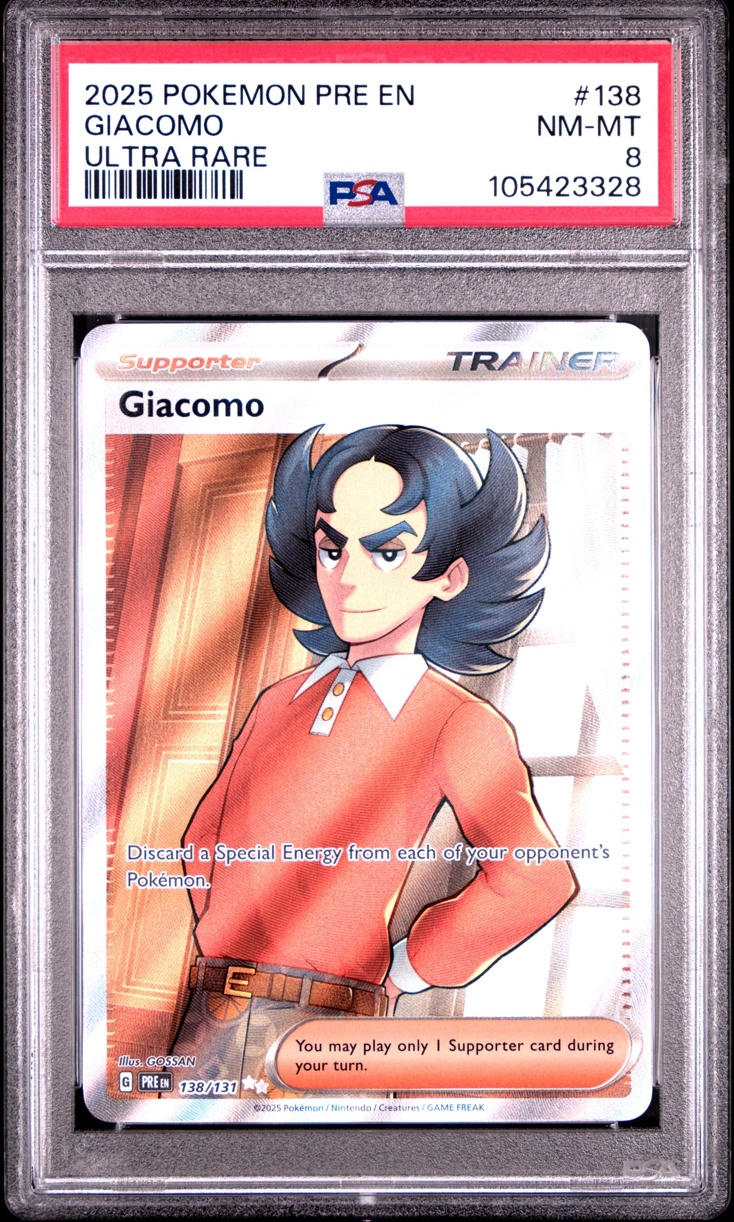 GIACOMO 138/131 Common POKEMON PRE EN-PRISMATIC EVOLUTIONS ULTRA RARE PSA8 NM-MT 8 PSA population 30 <a href=https://www.psacard.com/cert/105423328/psa>https://www.psacard.com/cert/105423328/psa</a>
