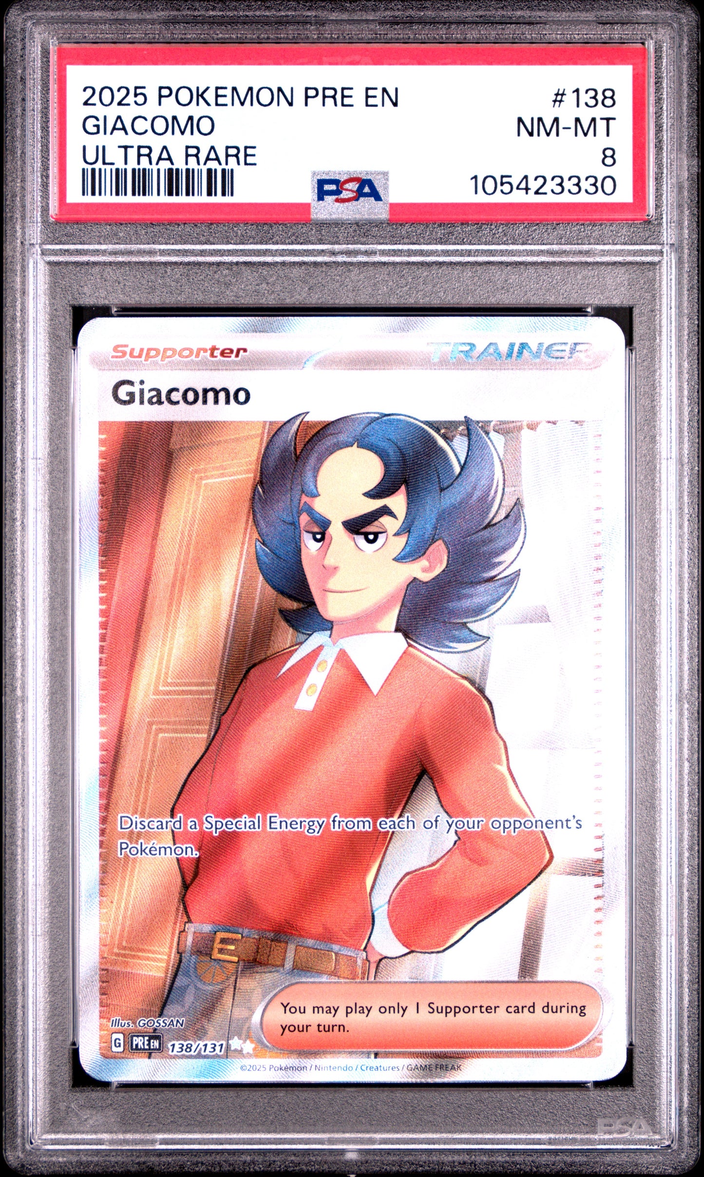 GIACOMO 138/131 Common POKEMON PRE EN-PRISMATIC EVOLUTIONS ULTRA RARE PSA8 NM-MT 8 PSA population 30 <a href=https://www.psacard.com/cert/105423330/psa>https://www.psacard.com/cert/105423330/psa</a>
