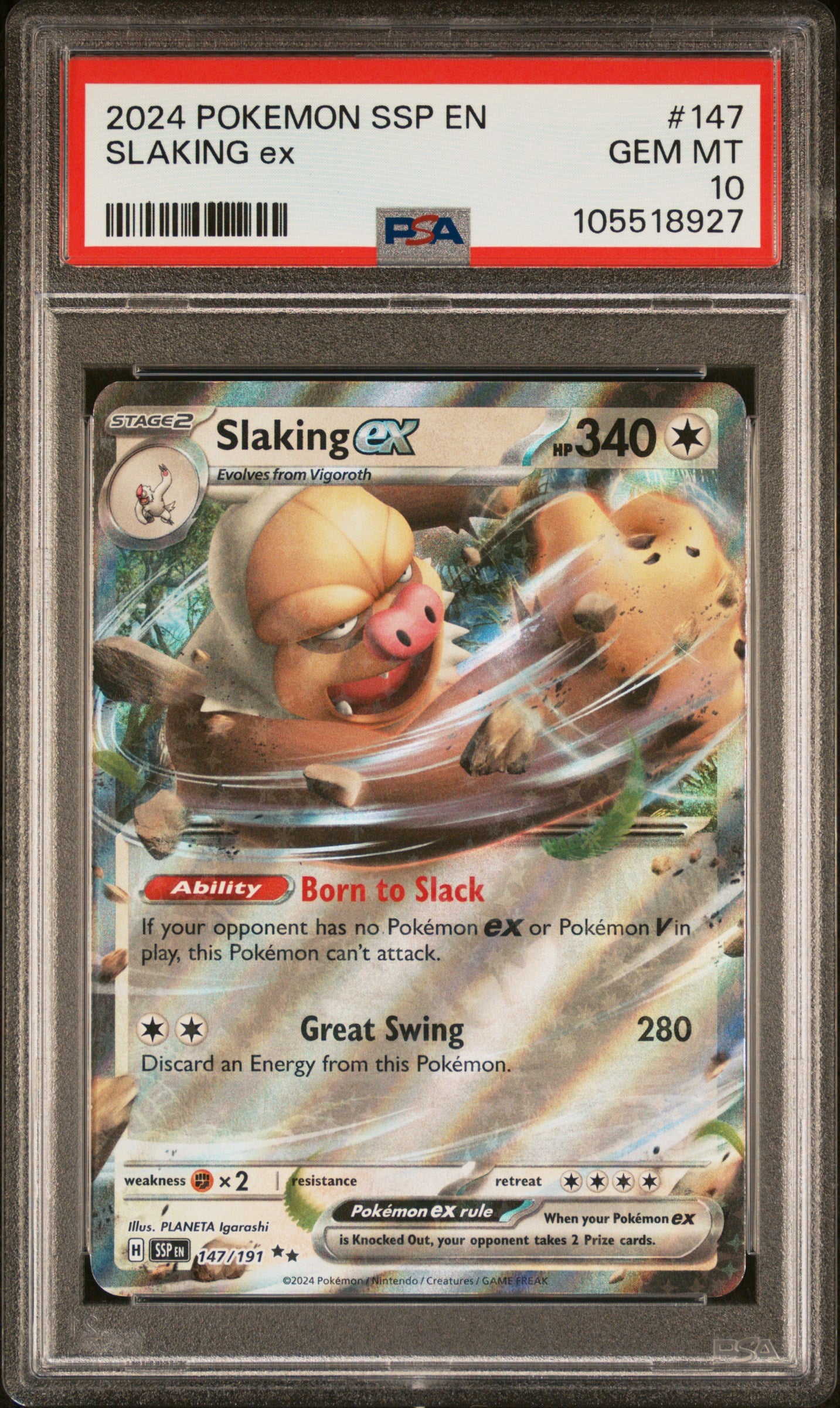SLAKING EX 147/191 Common POKEMON SSP EN-SURGING SPARKS PSA10 GEM MT 10 PSA population 37 <a href=https://www.psacard.com/cert/105518927/psa>https://www.psacard.com/cert/105518927/psa</a>