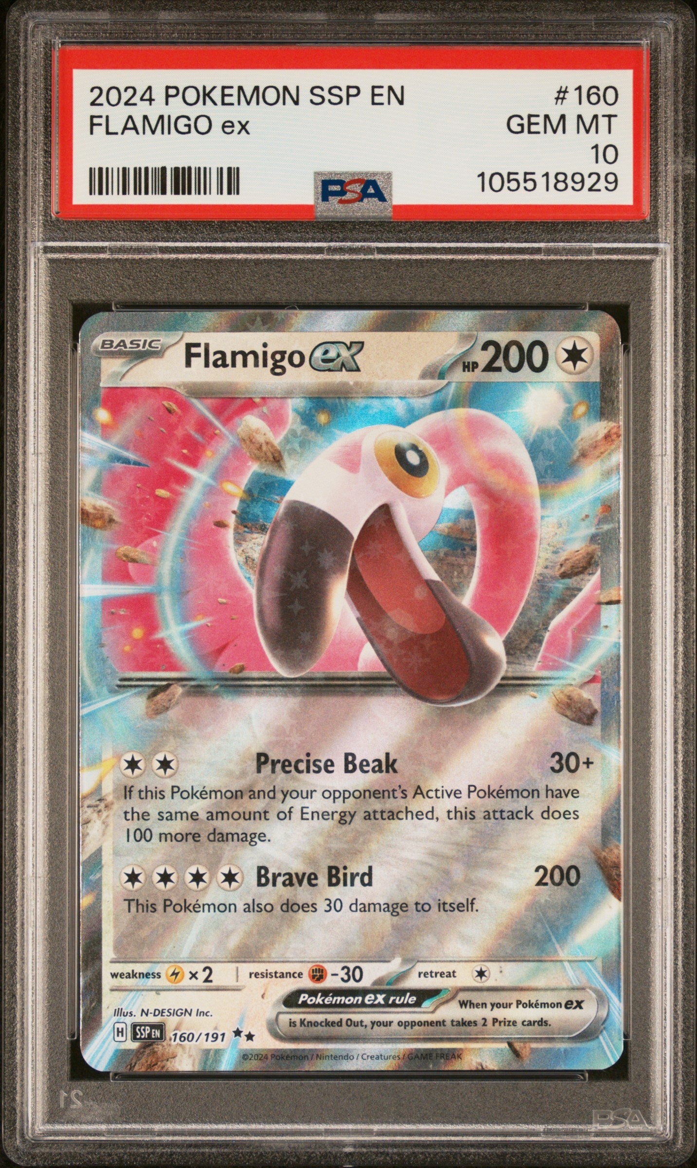 FLAMIGO EX 160/191 Common POKEMON SSP EN-SURGING SPARKS PSA10 GEM MT 10 PSA population 33 <a href=https://www.psacard.com/cert/105518929/psa>https://www.psacard.com/cert/105518929/psa</a>