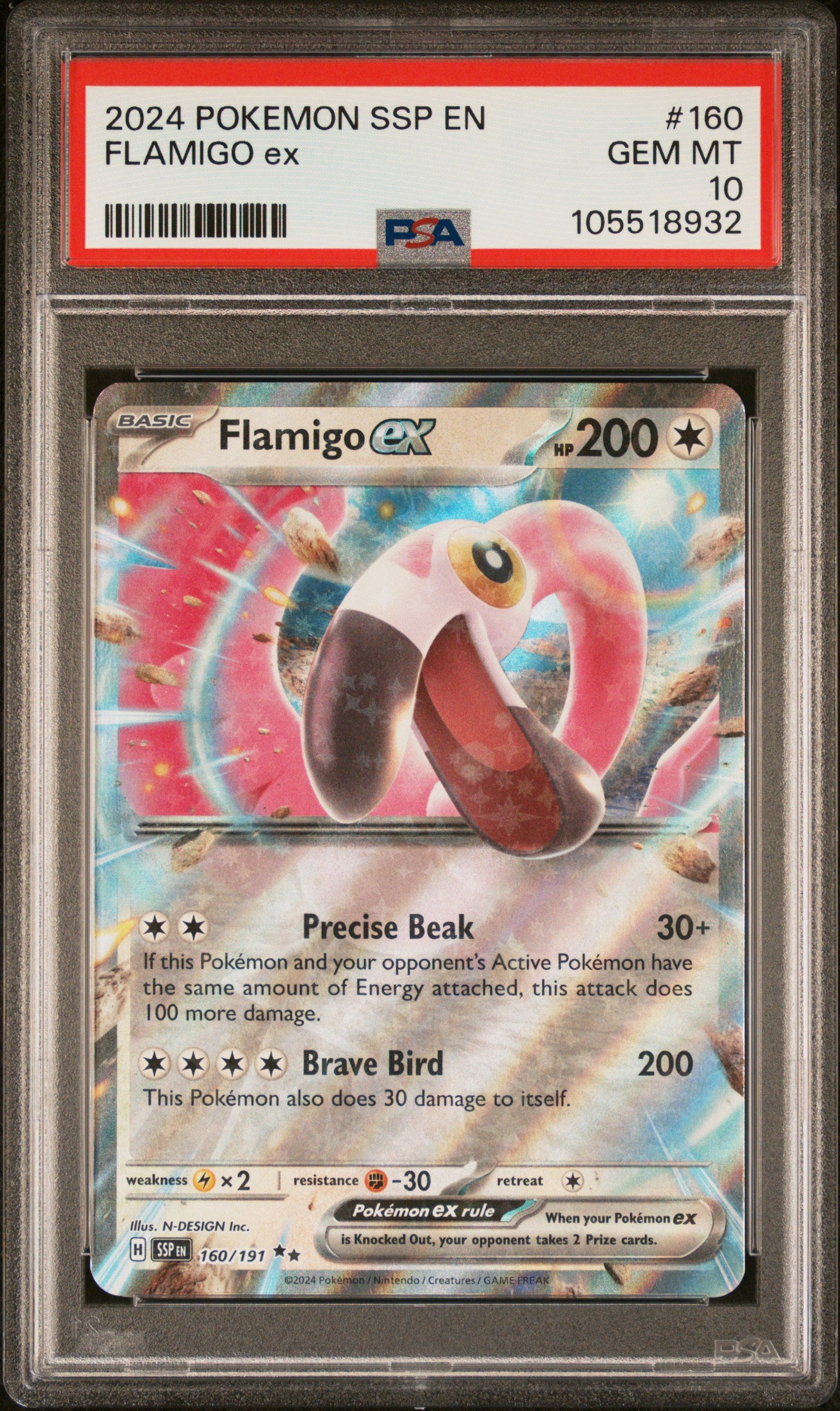 FLAMIGO EX 160/191 Common POKEMON SSP EN-SURGING SPARKS PSA10 GEM MT 10 PSA population 33 <a href=https://www.psacard.com/cert/105518932/psa>https://www.psacard.com/cert/105518932/psa</a>